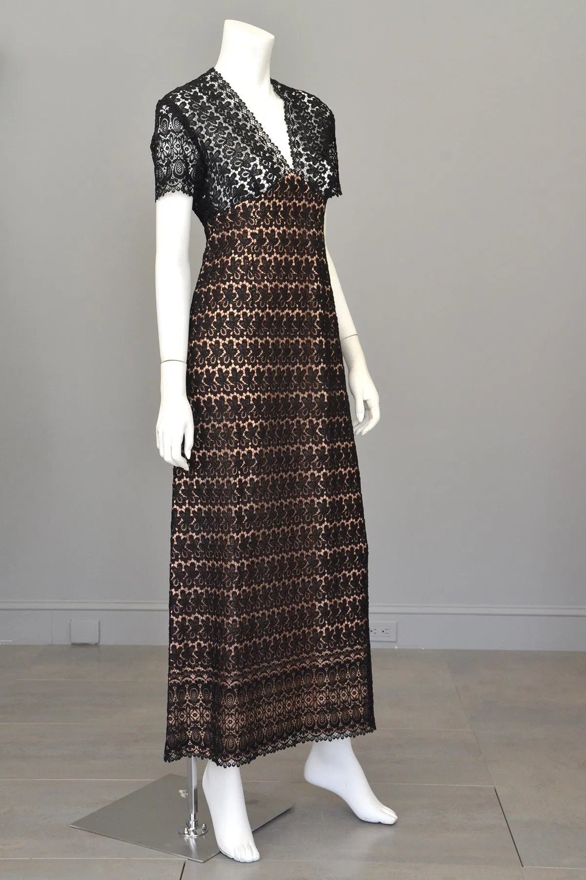 1960s 70s Black Illusion Lace Vintage Babydoll Maxi Dress Gown with Keyhole Back