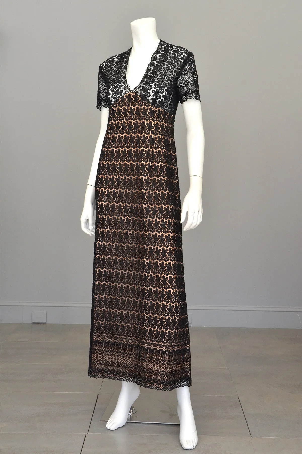 1960s 70s Black Illusion Lace Vintage Babydoll Maxi Dress Gown with Keyhole Back