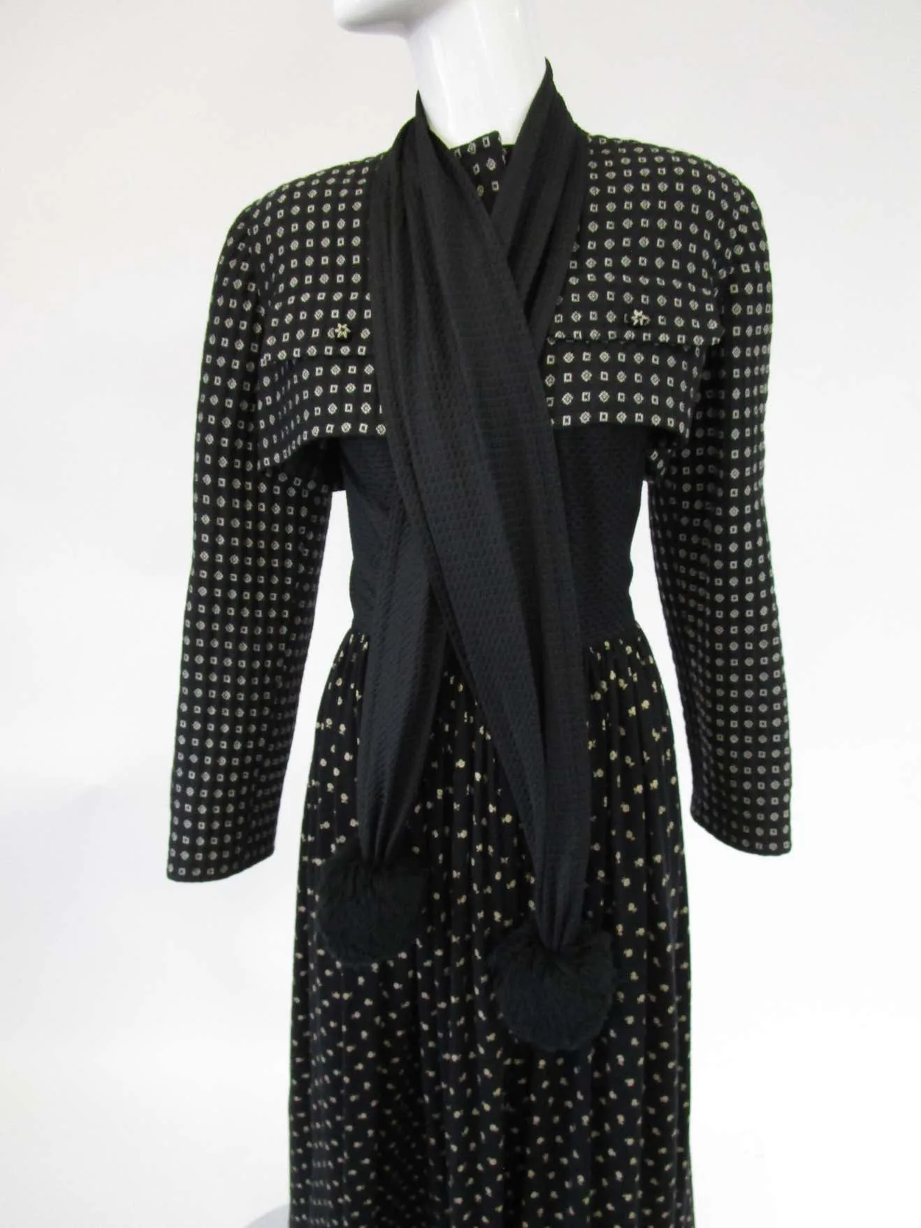 1980s Geoffrey Beene Patterned Wool Black Knit Ensemble w/ Pom Pom Scarf