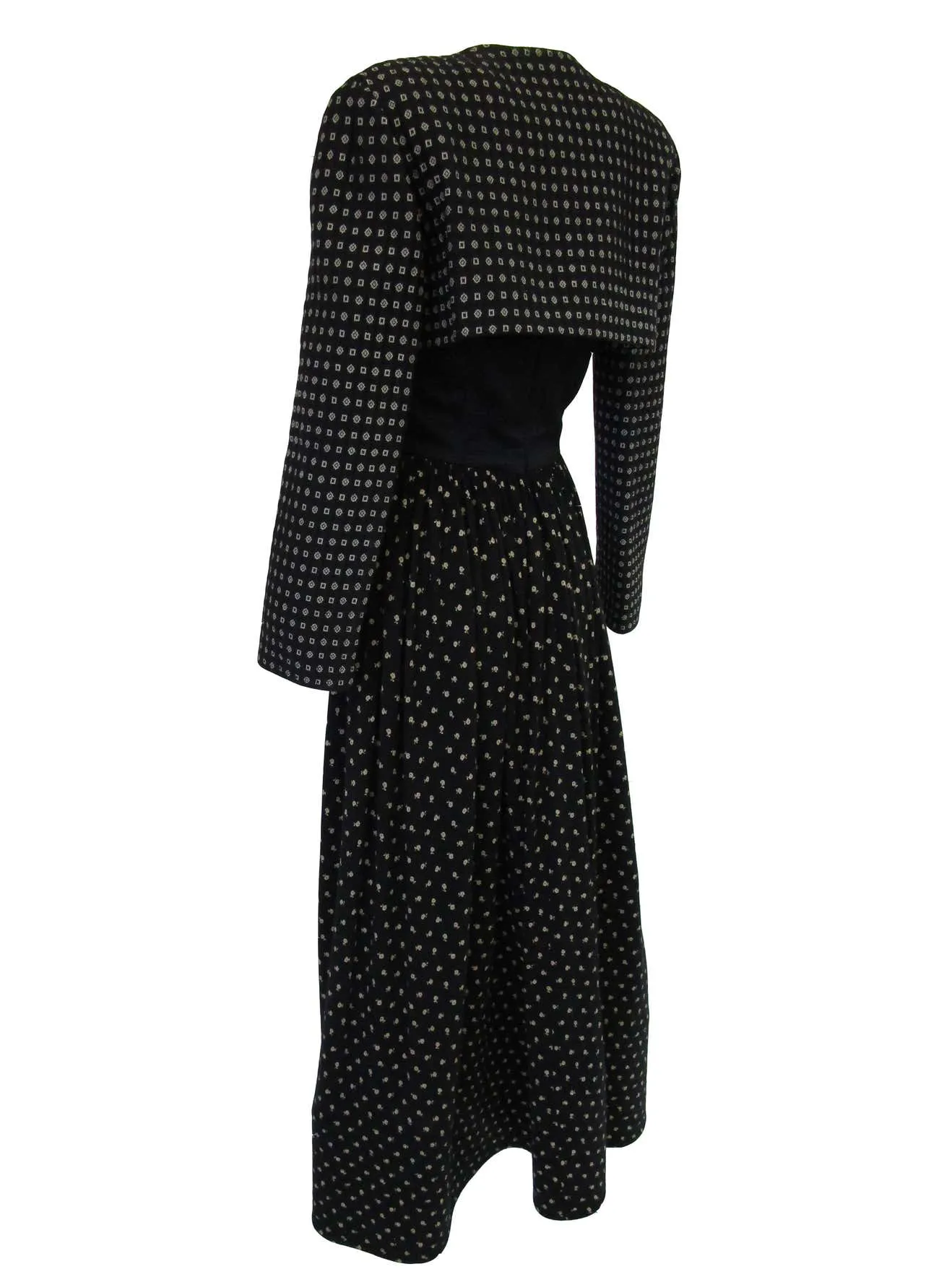 1980s Geoffrey Beene Patterned Wool Black Knit Ensemble w/ Pom Pom Scarf