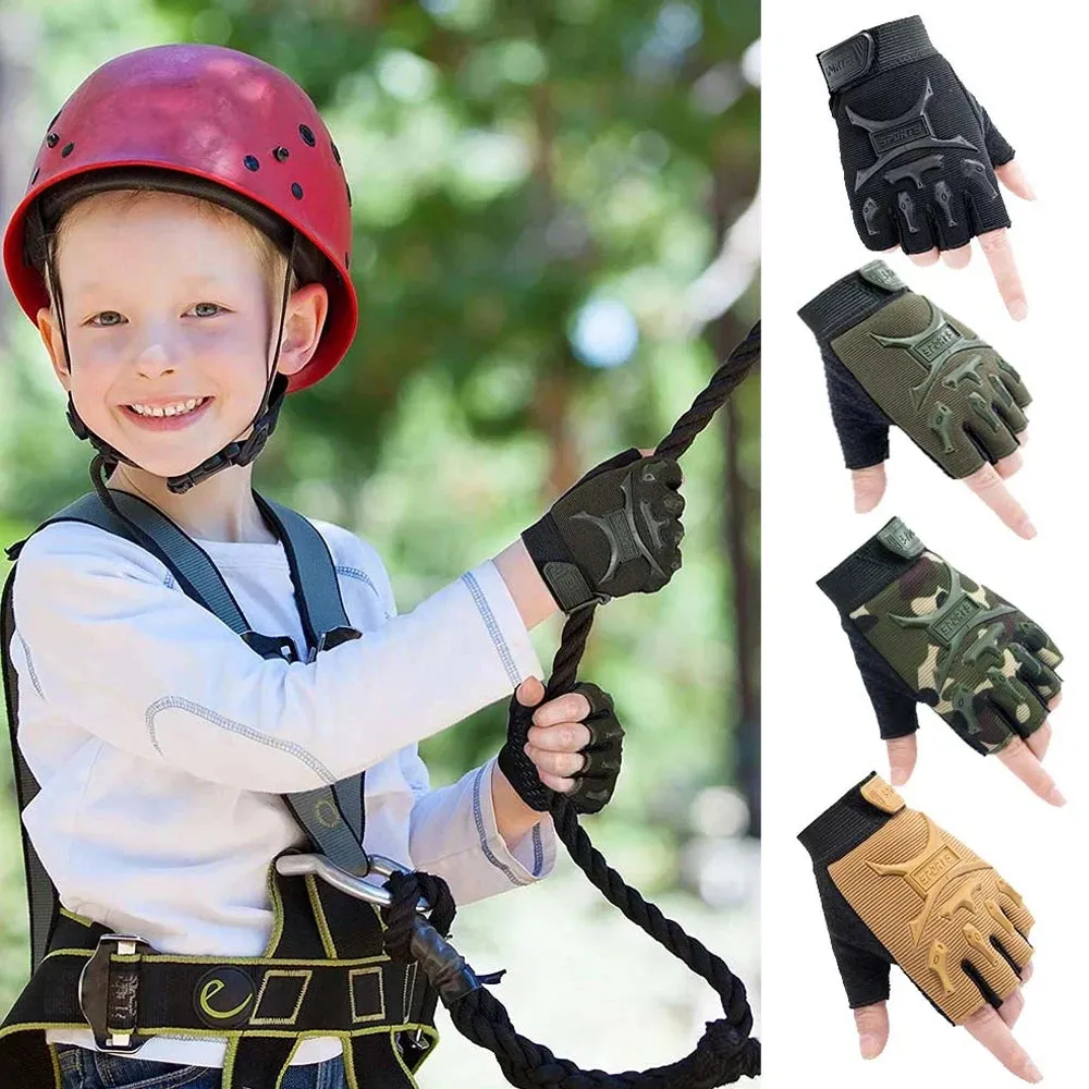 1Pair Kids Tactical Fingerless Gloves Army Military Camo Anti-Skid Mittens Half Finger Boys Girls Children Outdoor Sport Cycling