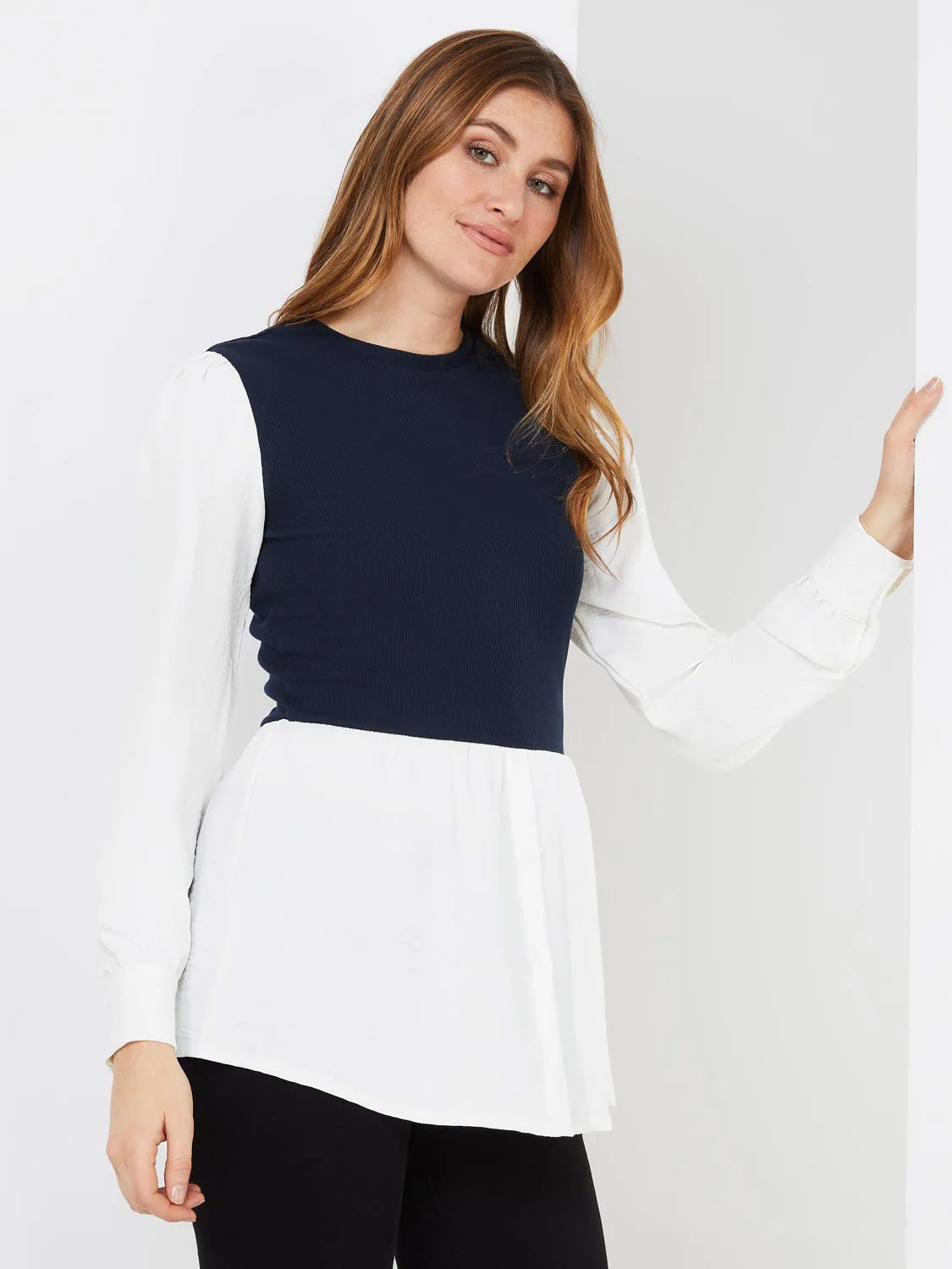 2-Fer Ribbed Top With Button-Front Blouse