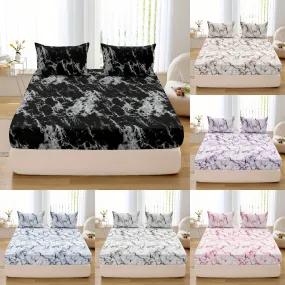 3-Piece Fitted Sheet Set - Soft, Breathable, Marble Print Bedding for Bedroom and Guest Room - Comfortable, Hypoallergenic, Easy Care, Deep Pocket, and Stylish Design (1 Fitted Sheet   2 Pillowcases, No Core)