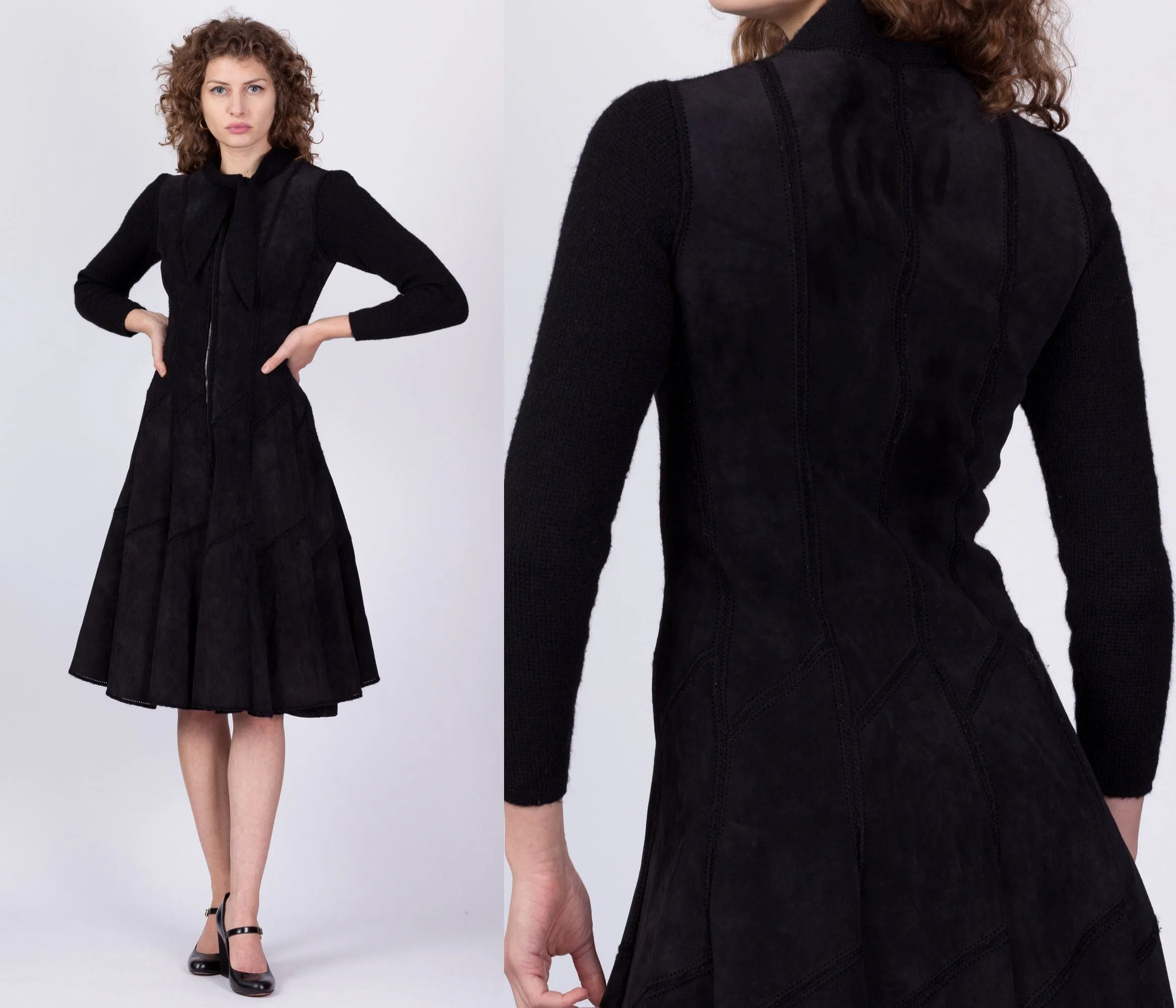 60s Marie Martine Black Patchwork Suede & Knit Dress, As Is - Small