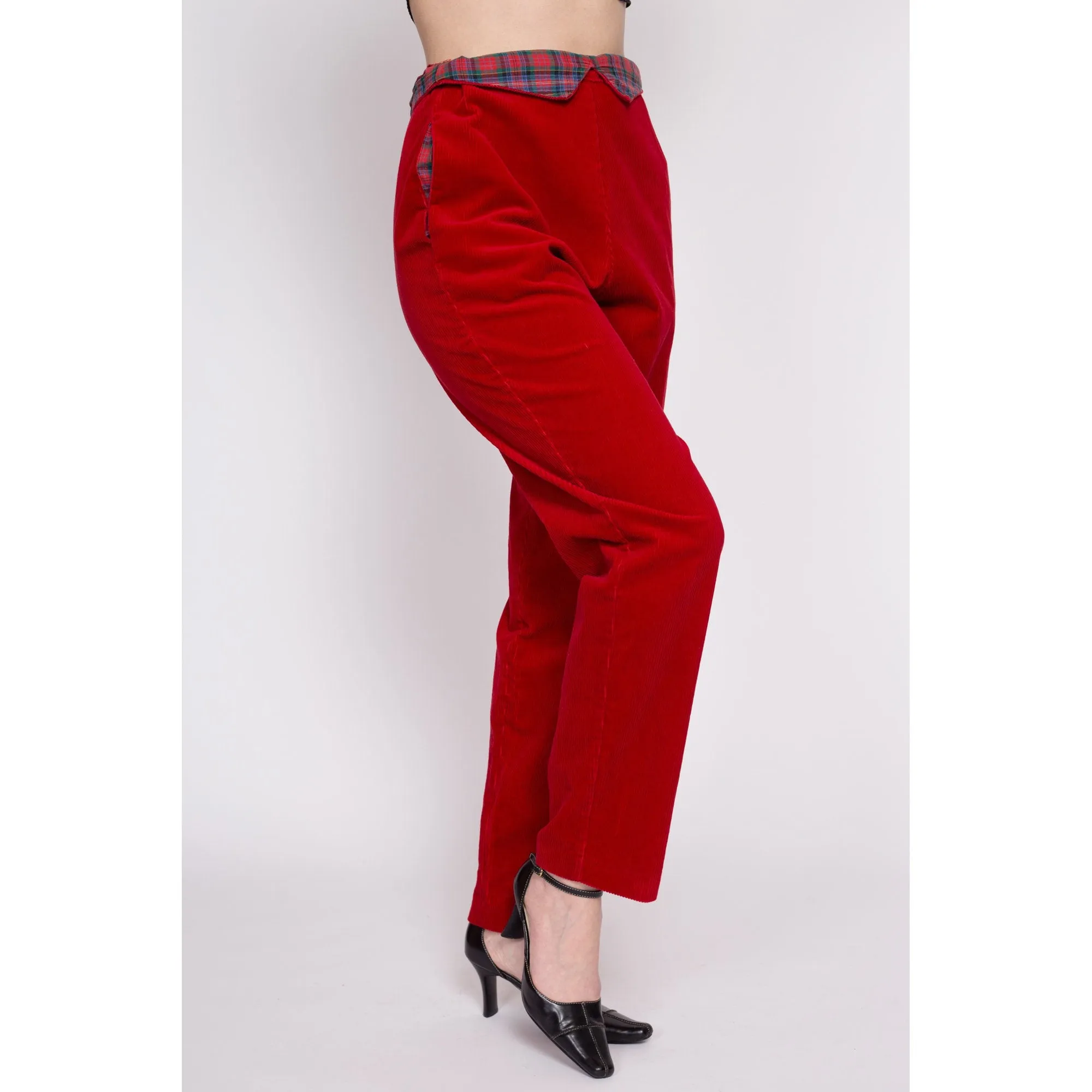 80s Red Corduroy Plaid Trim Pants - Medium