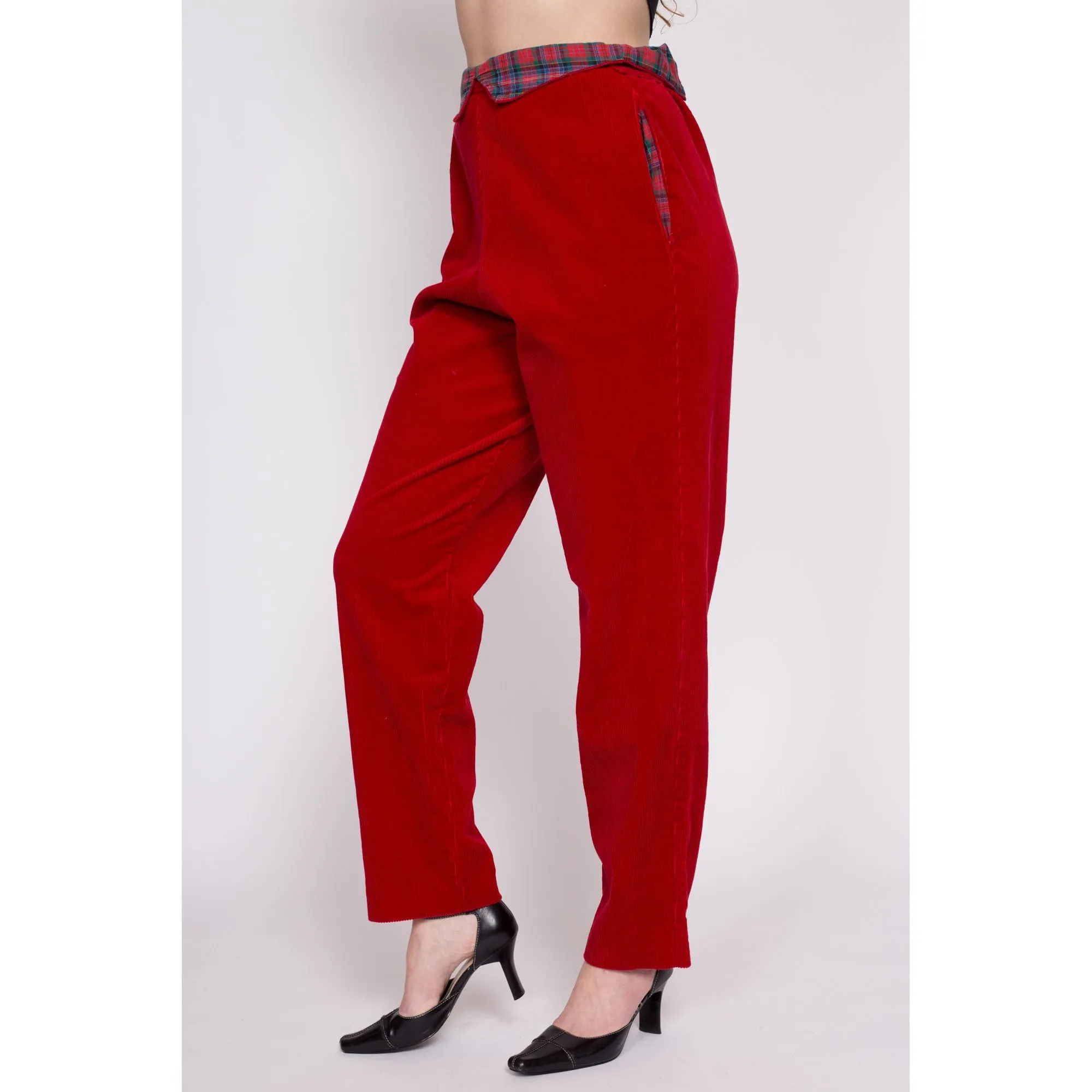 80s Red Corduroy Plaid Trim Pants - Medium