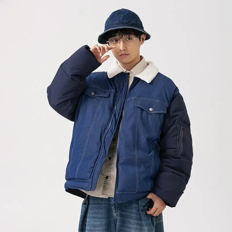 American Retro Patchwork Denim Thickened Cotton Padded Coat Men. American retro coat