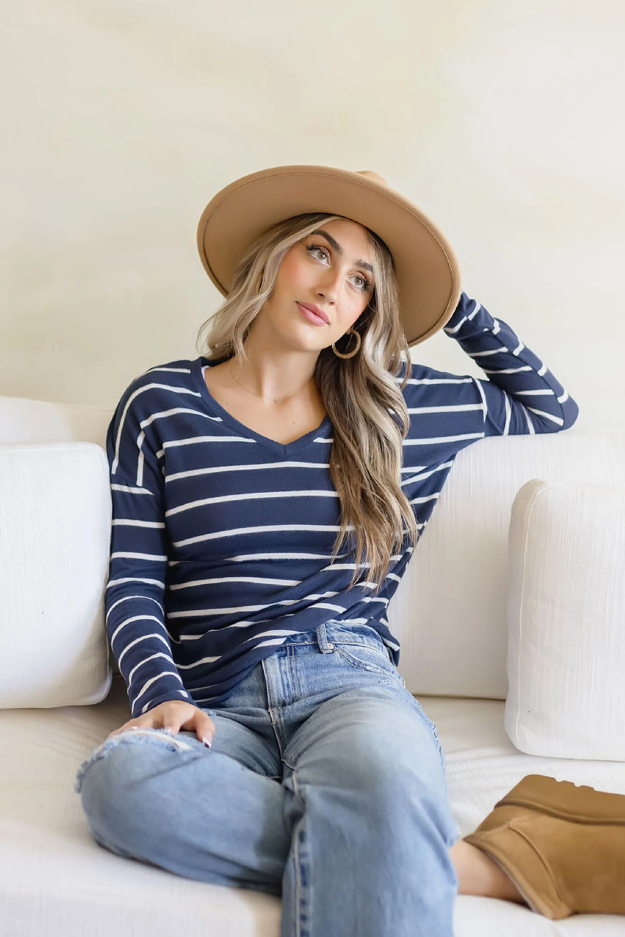 Andi Long Sleeve Stripe Print Knit Top Navy