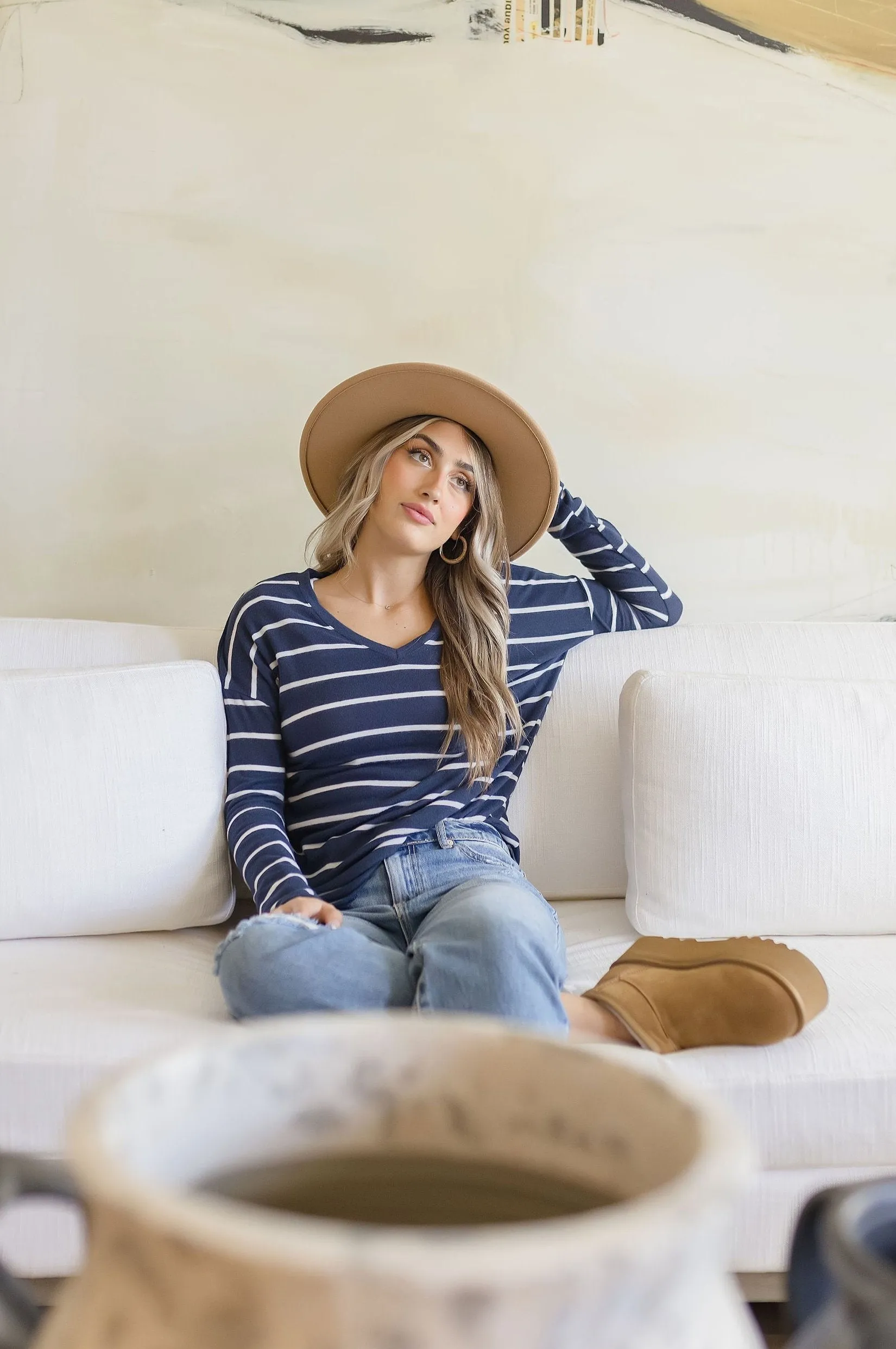 Andi Long Sleeve Stripe Print Knit Top Navy