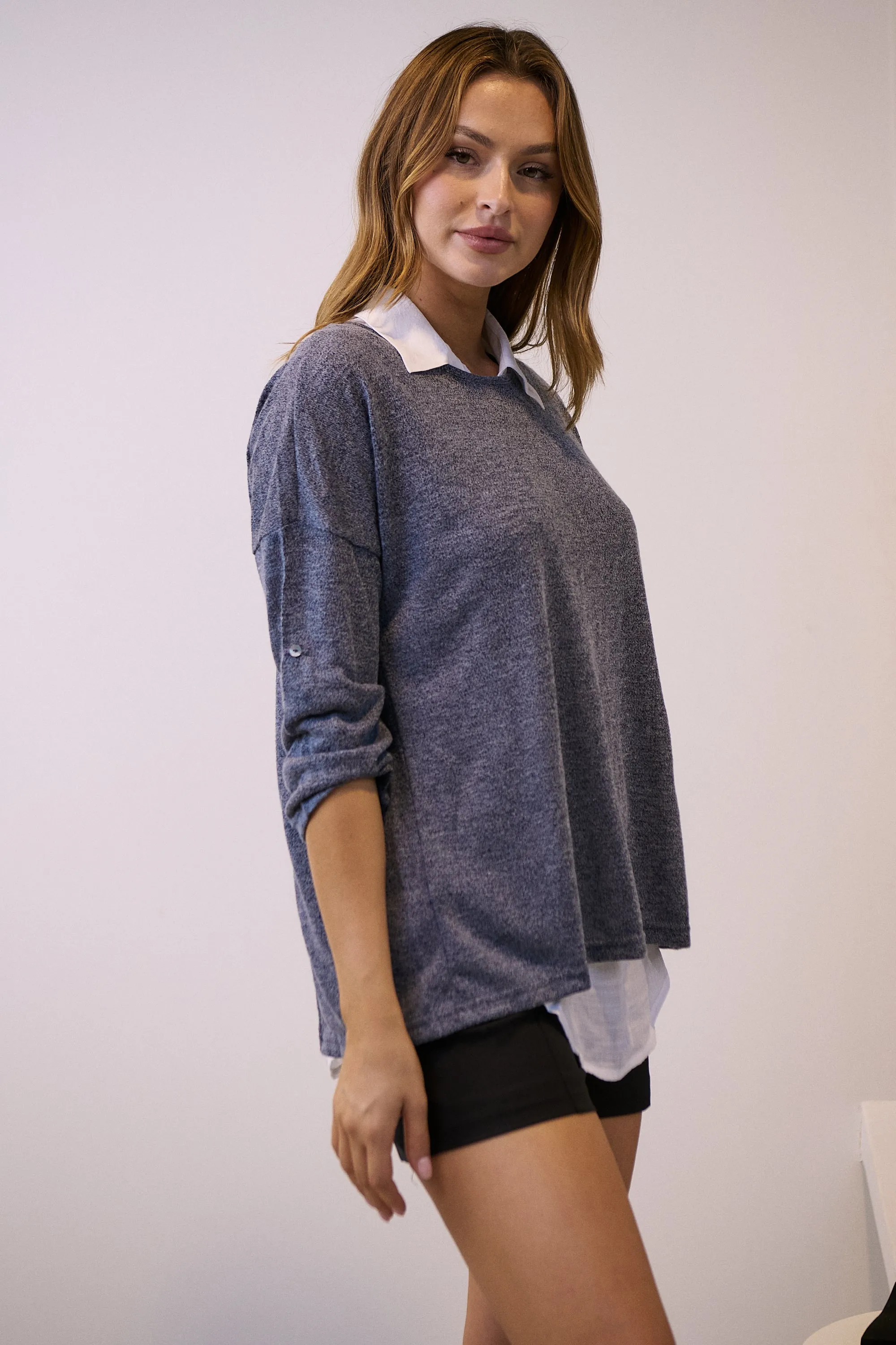 Aurella 3/4 Sleeve Navy Layered Top