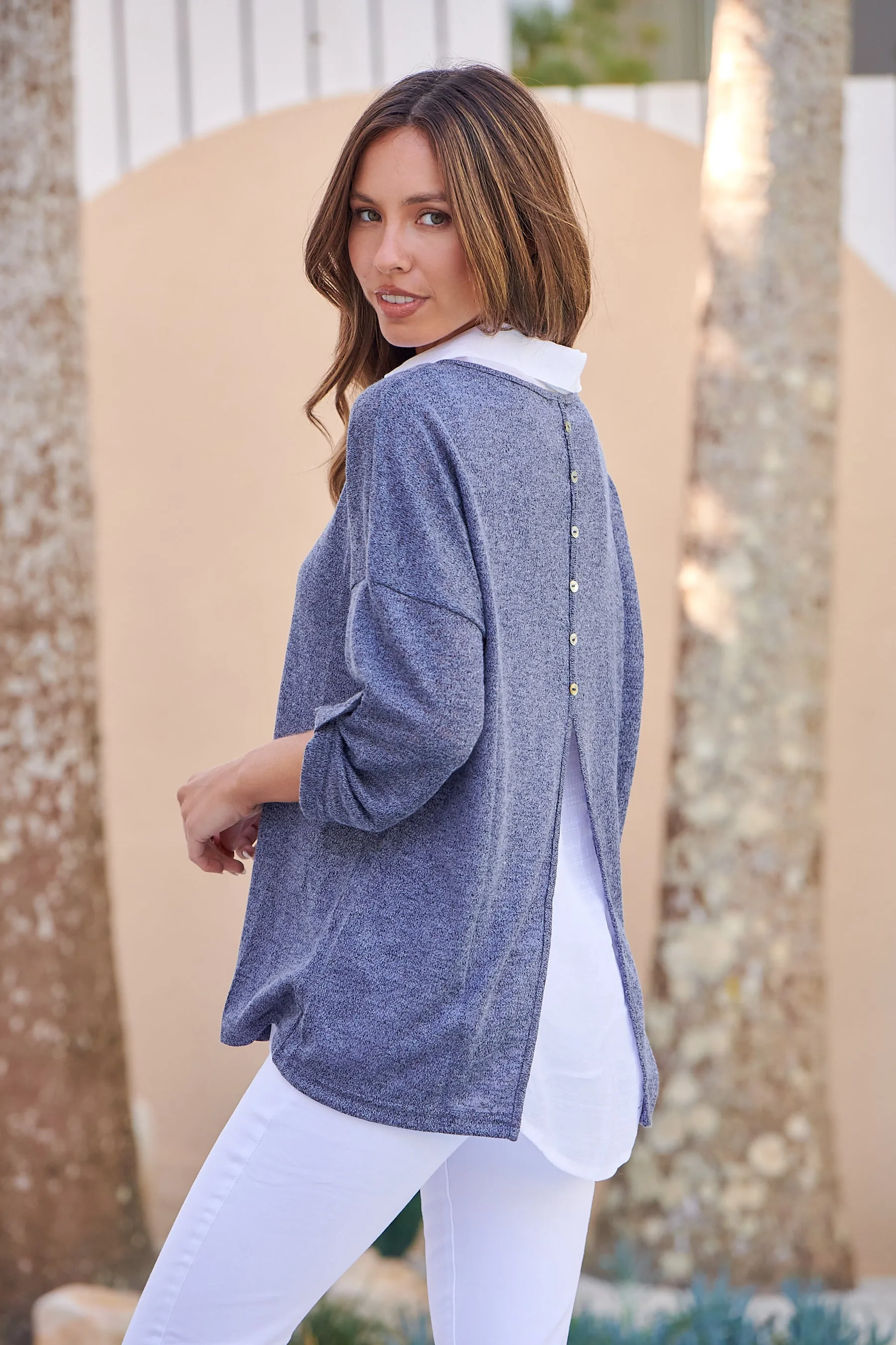 Aurella 3/4 Sleeve Navy Layered Top