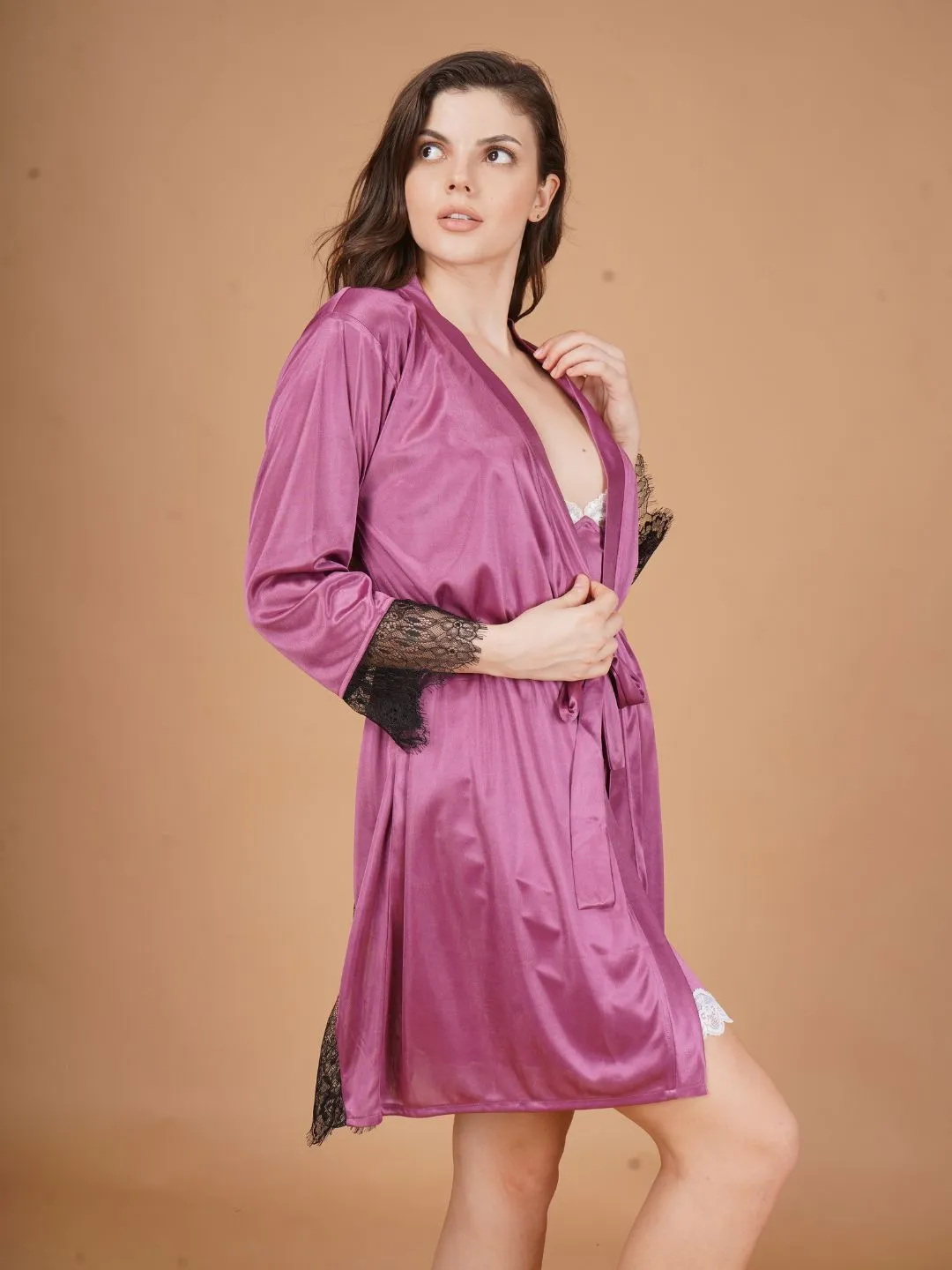 Back Lace Burgundy Satin Robe