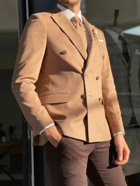 Beige Slim Fit Double Breasted Wool Blazer for Men by GentWith.com