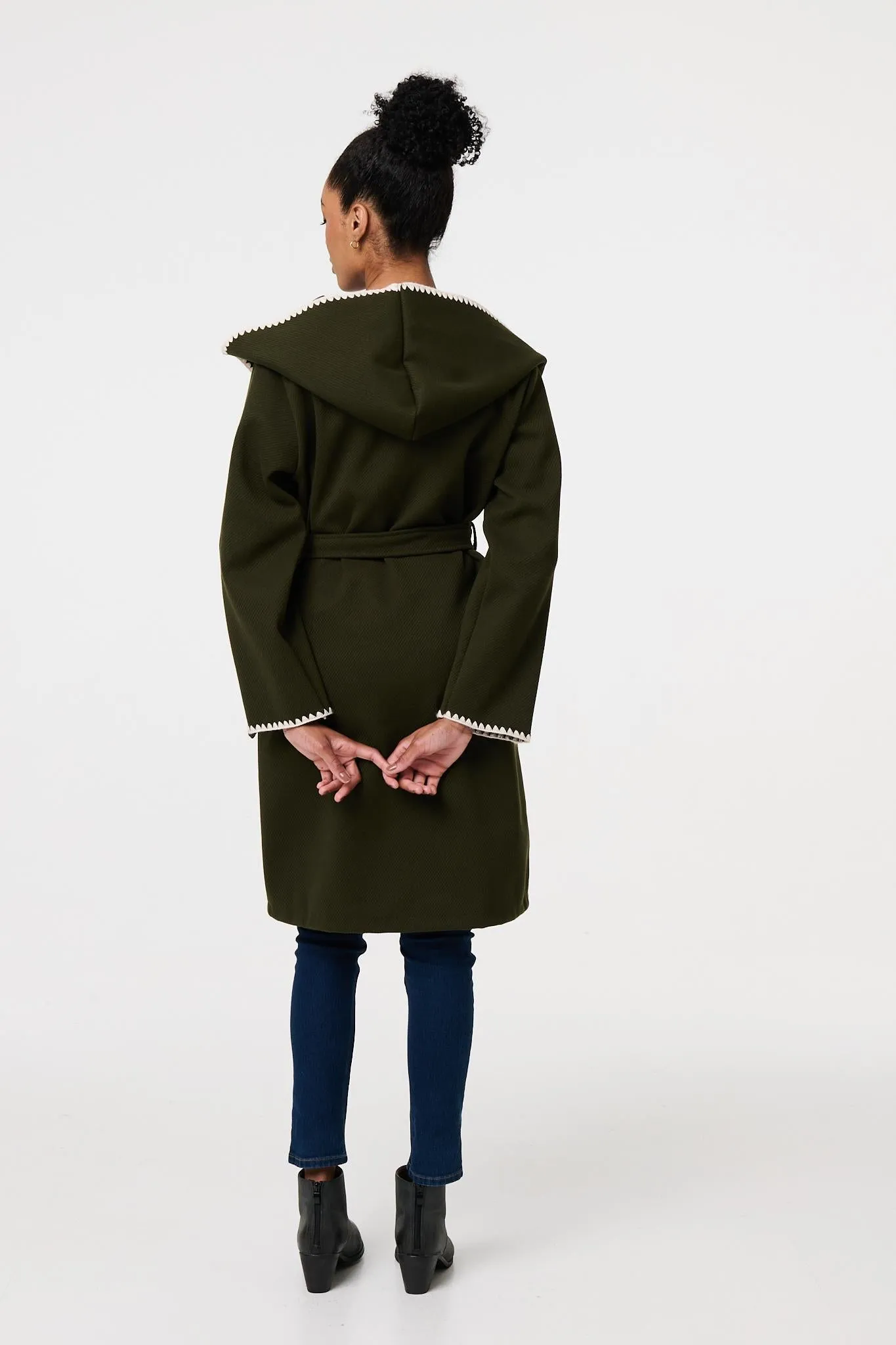 Blanket Stitch Tie Waist Longline Coat