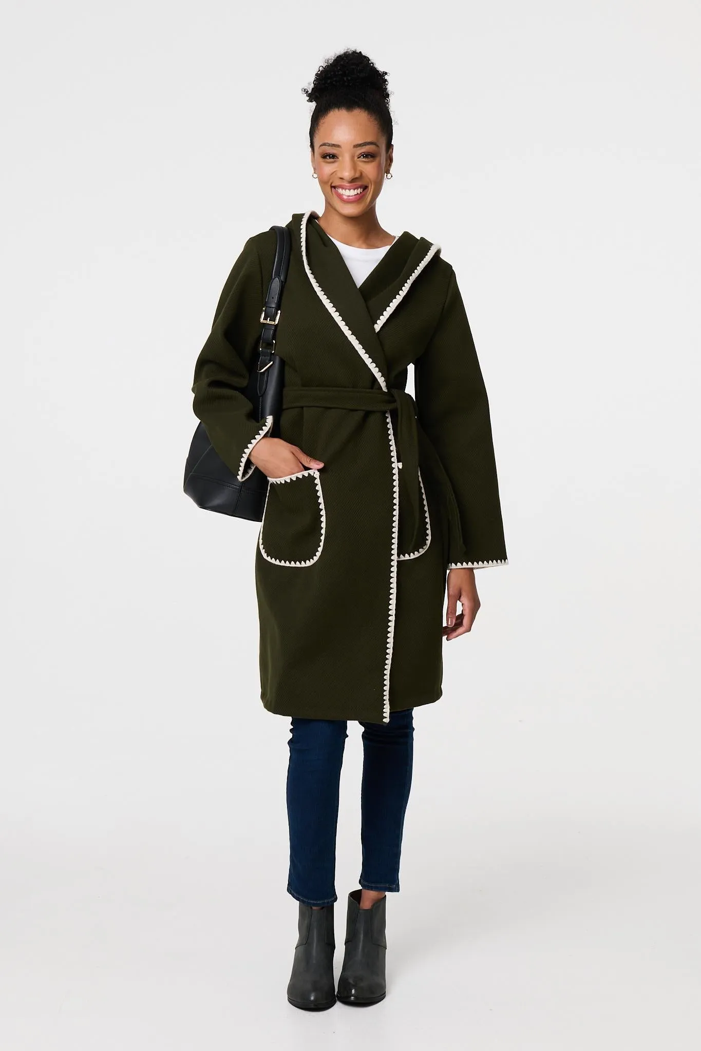 Blanket Stitch Tie Waist Longline Coat