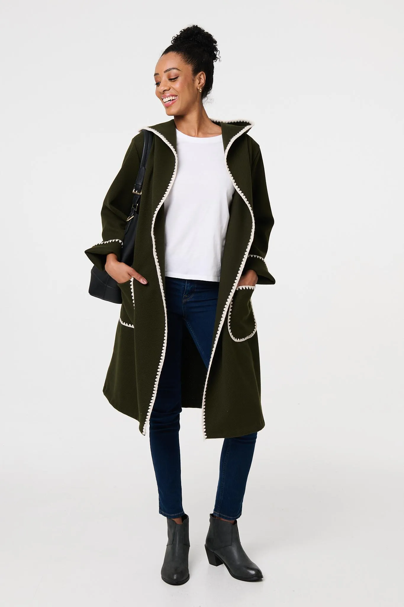 Blanket Stitch Tie Waist Longline Coat