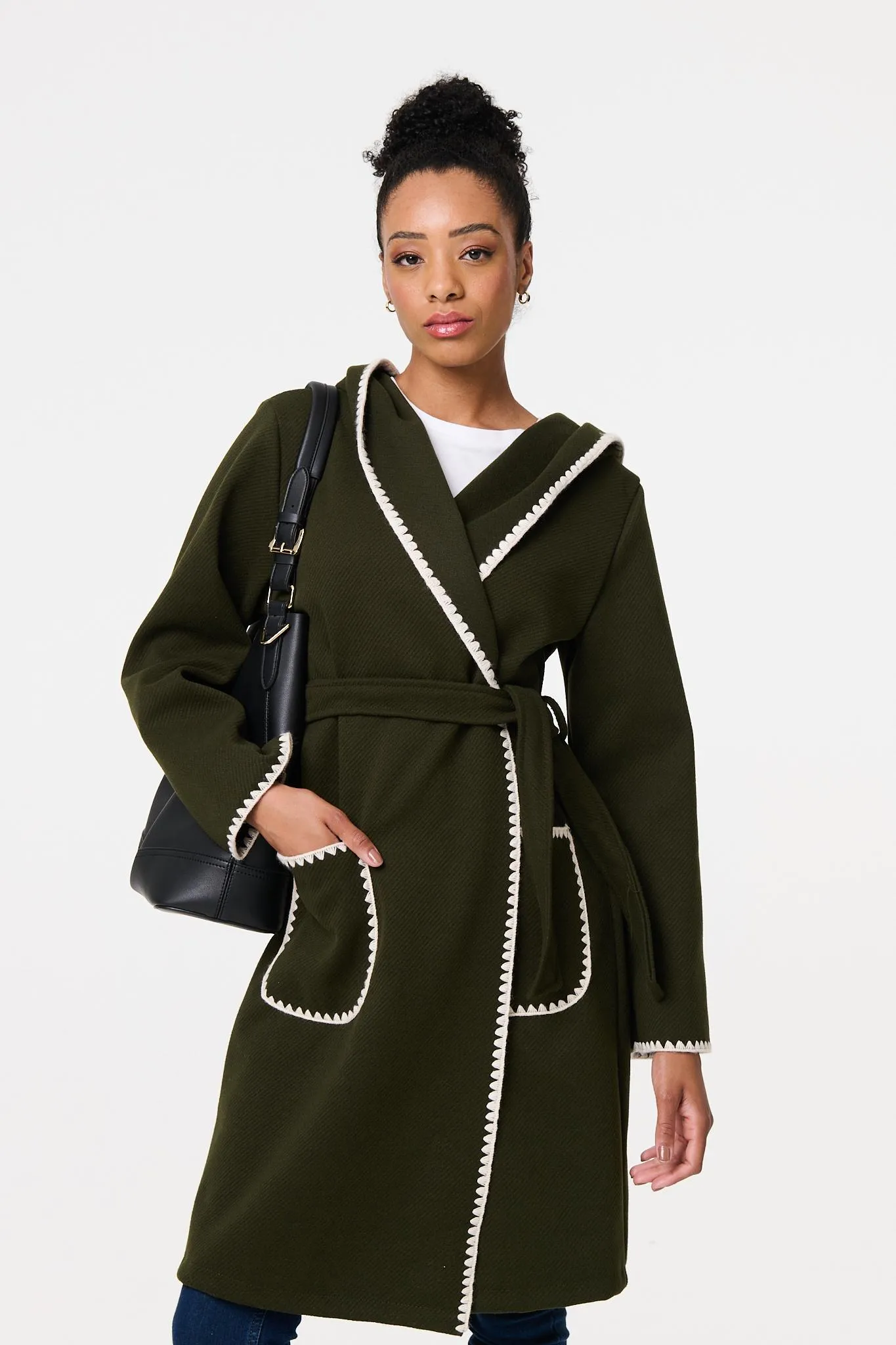 Blanket Stitch Tie Waist Longline Coat