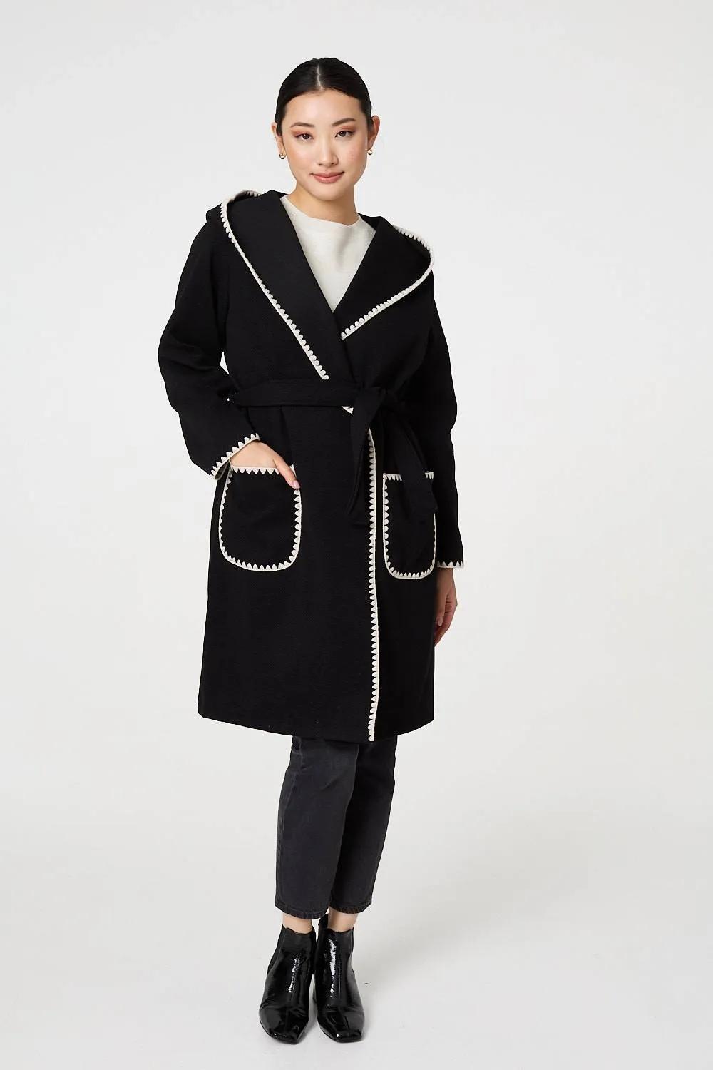 Blanket Stitch Tie Waist Longline Coat