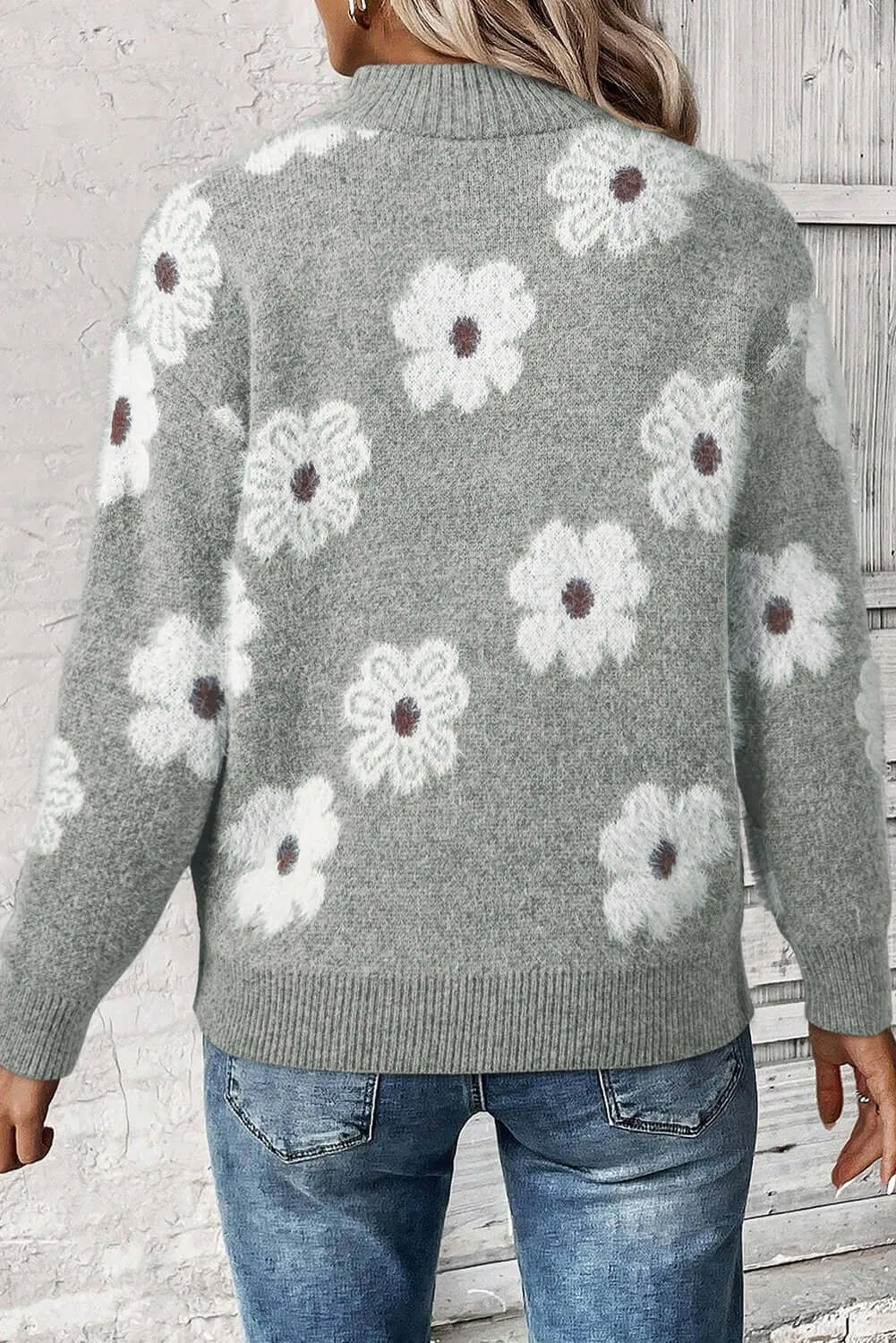 Bloom in Style: Floral Half-Zip Drop Shoulder Sweater