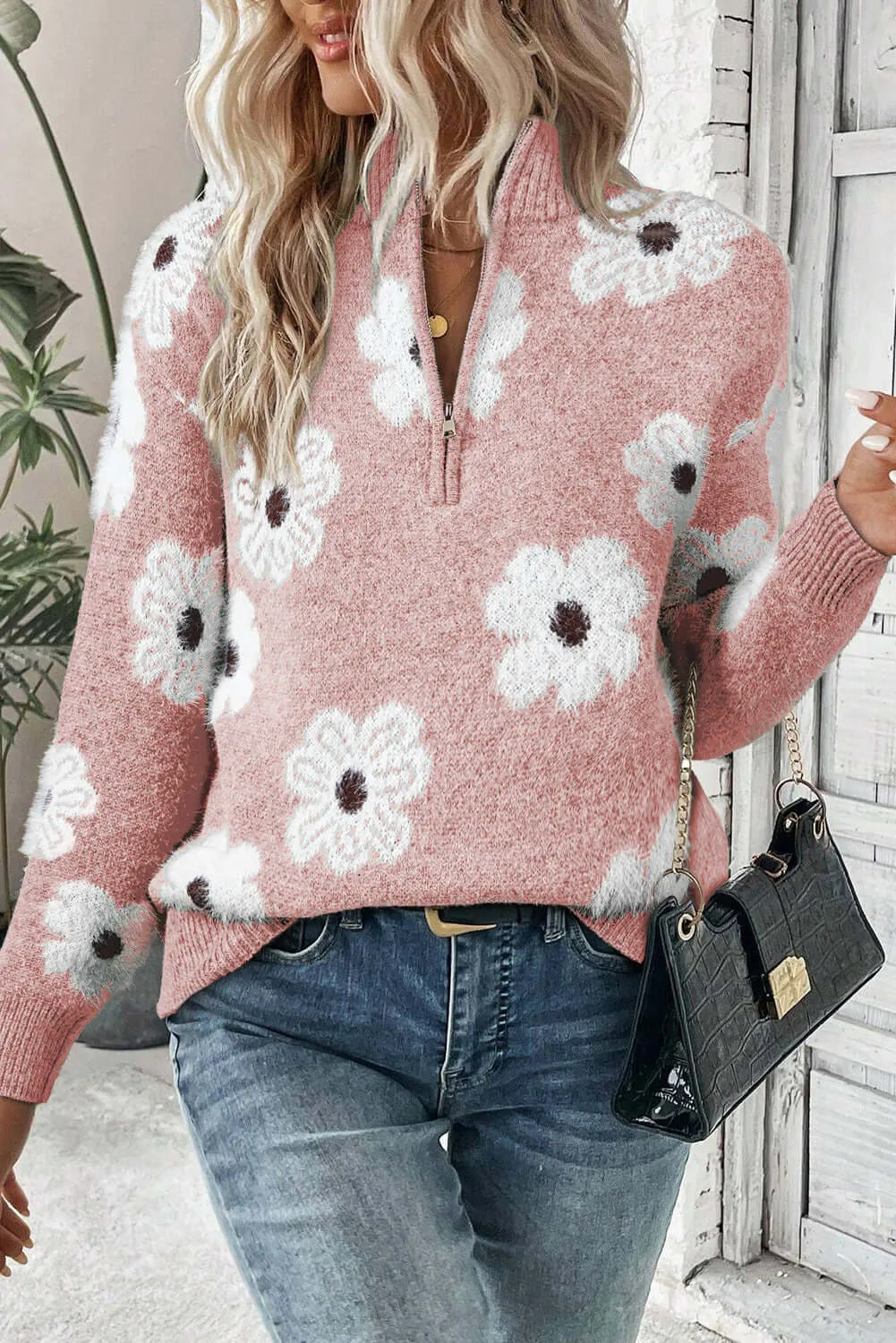 Bloom in Style: Floral Half-Zip Drop Shoulder Sweater