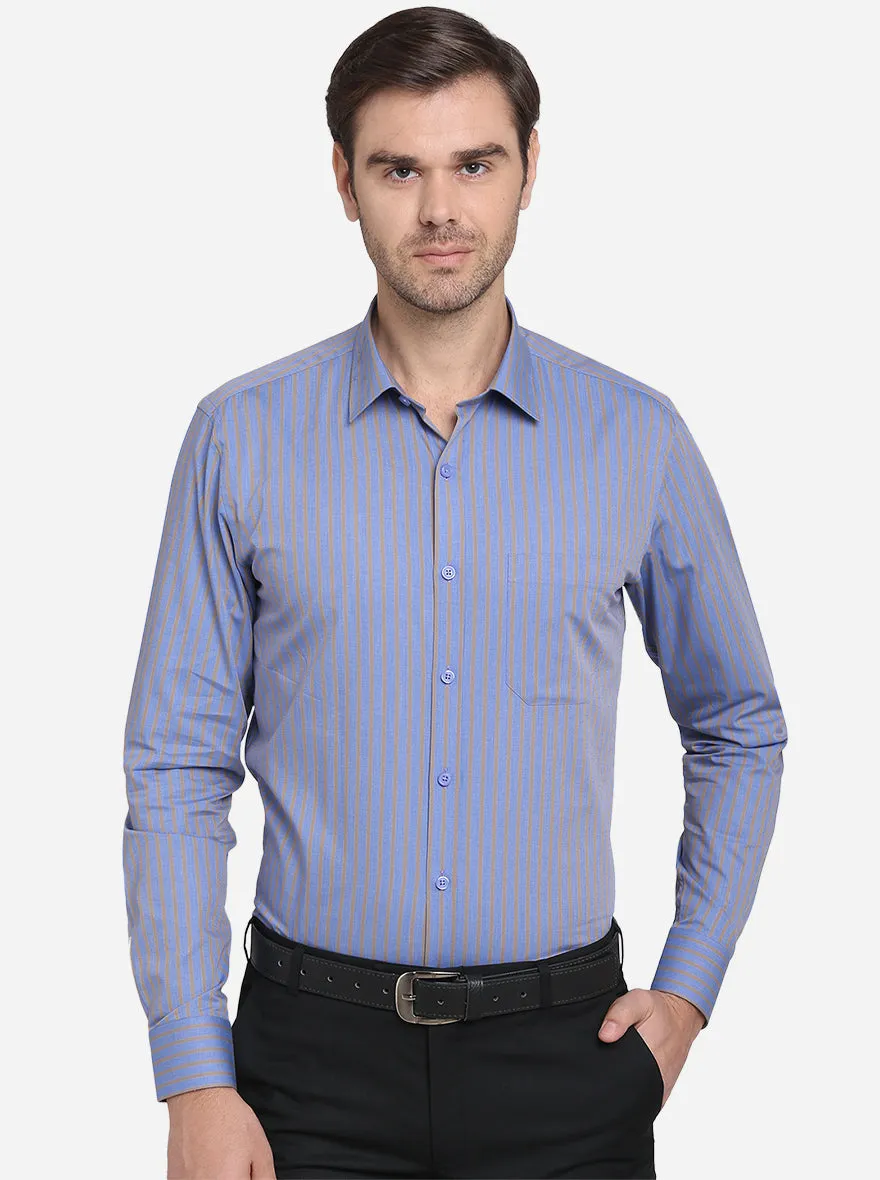 Blue & Mustard Striped Slim Fit Formal Shirt  | JadeBlue