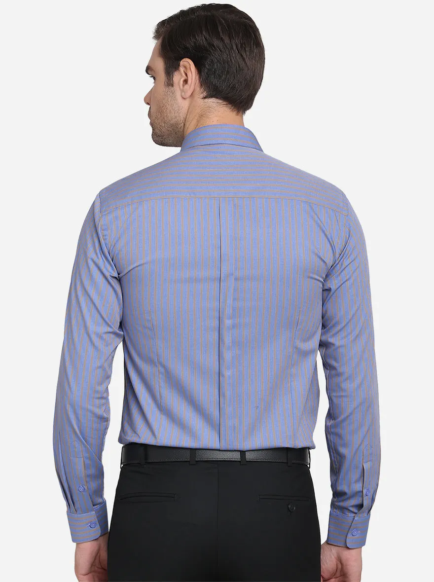 Blue & Mustard Striped Slim Fit Formal Shirt  | JadeBlue