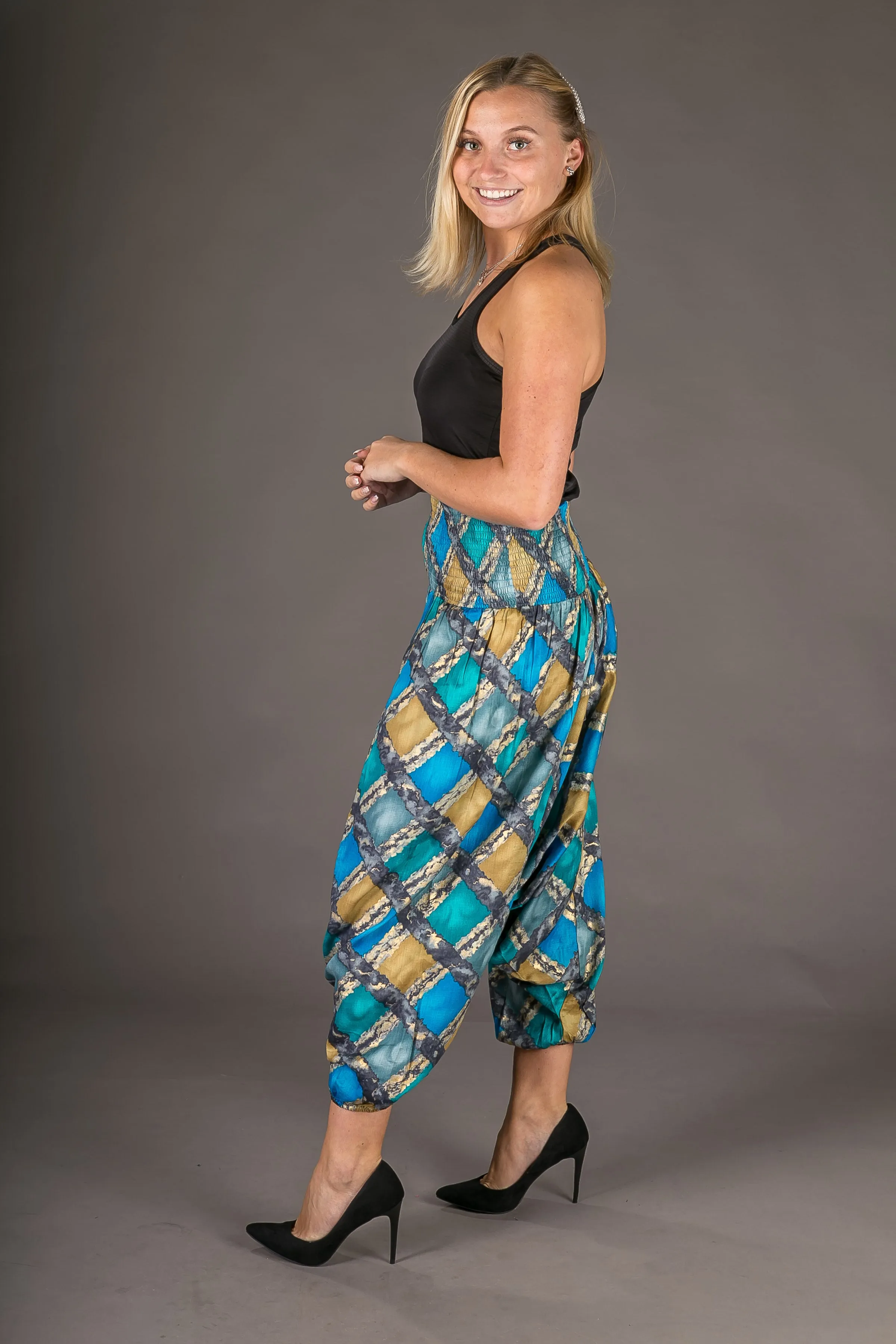 Blue Gold Print Cotton Harem Yoga Jumpsuit Pants