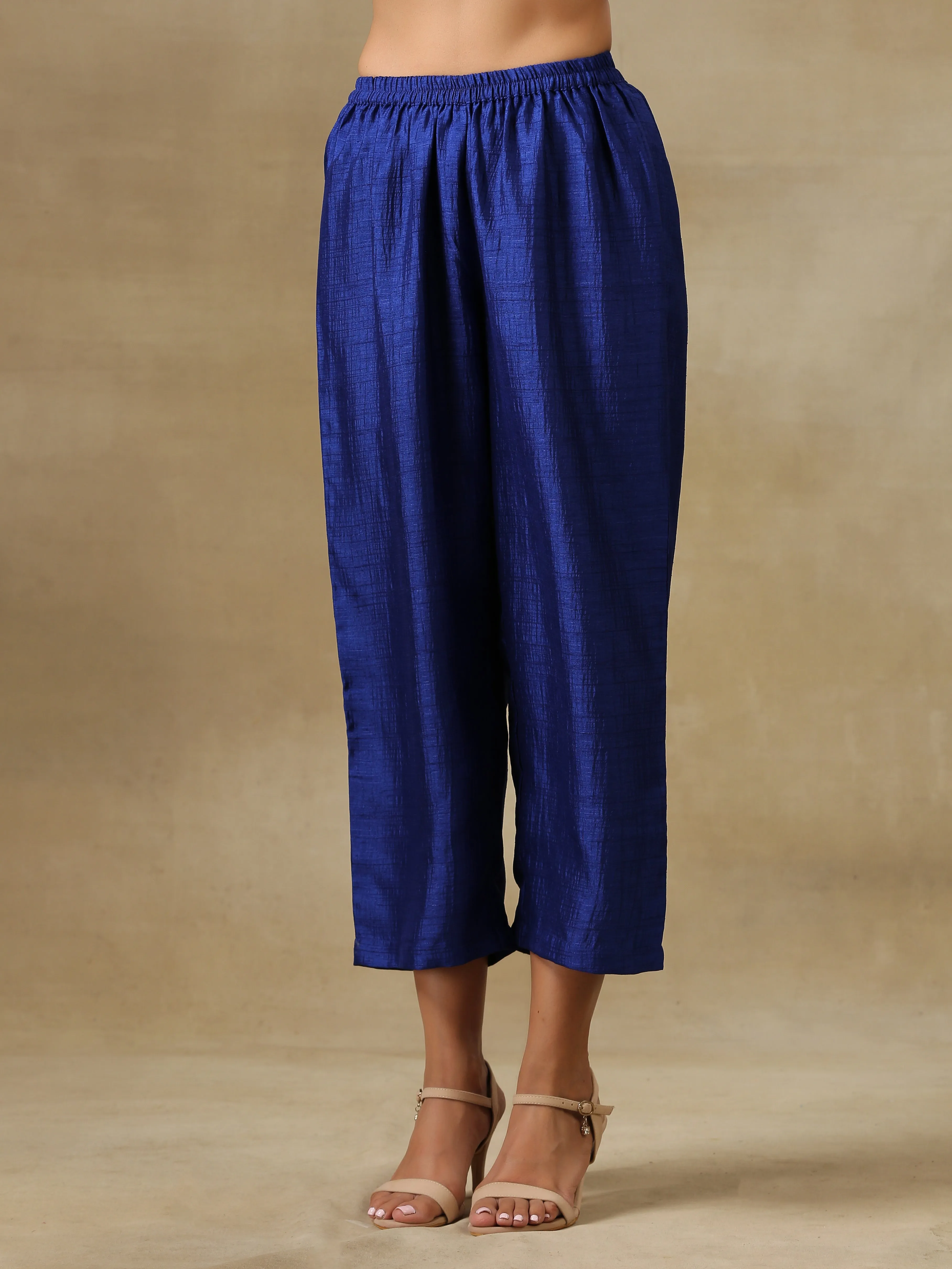 Blue Textured Silk Puff Sleeve Kurta Pant Set | Relove