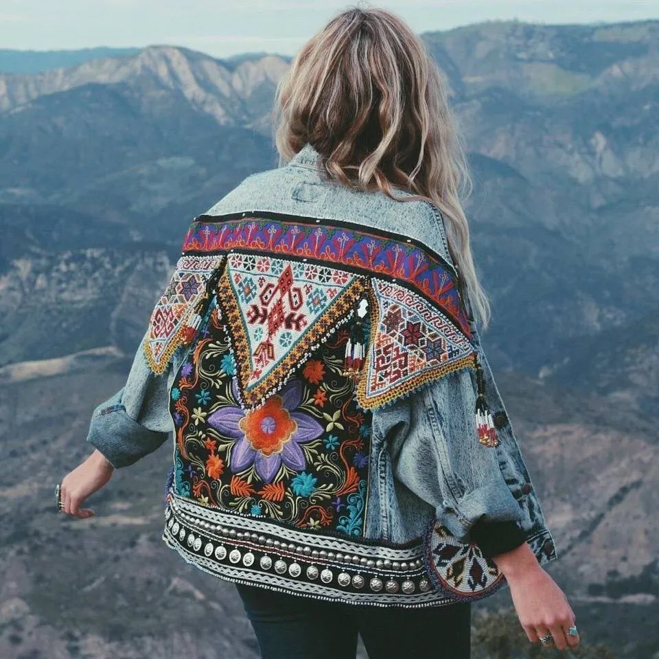 Bohemian Back Embroidery Fold-over Collar Jeans Jacket Long Sleeve Coat