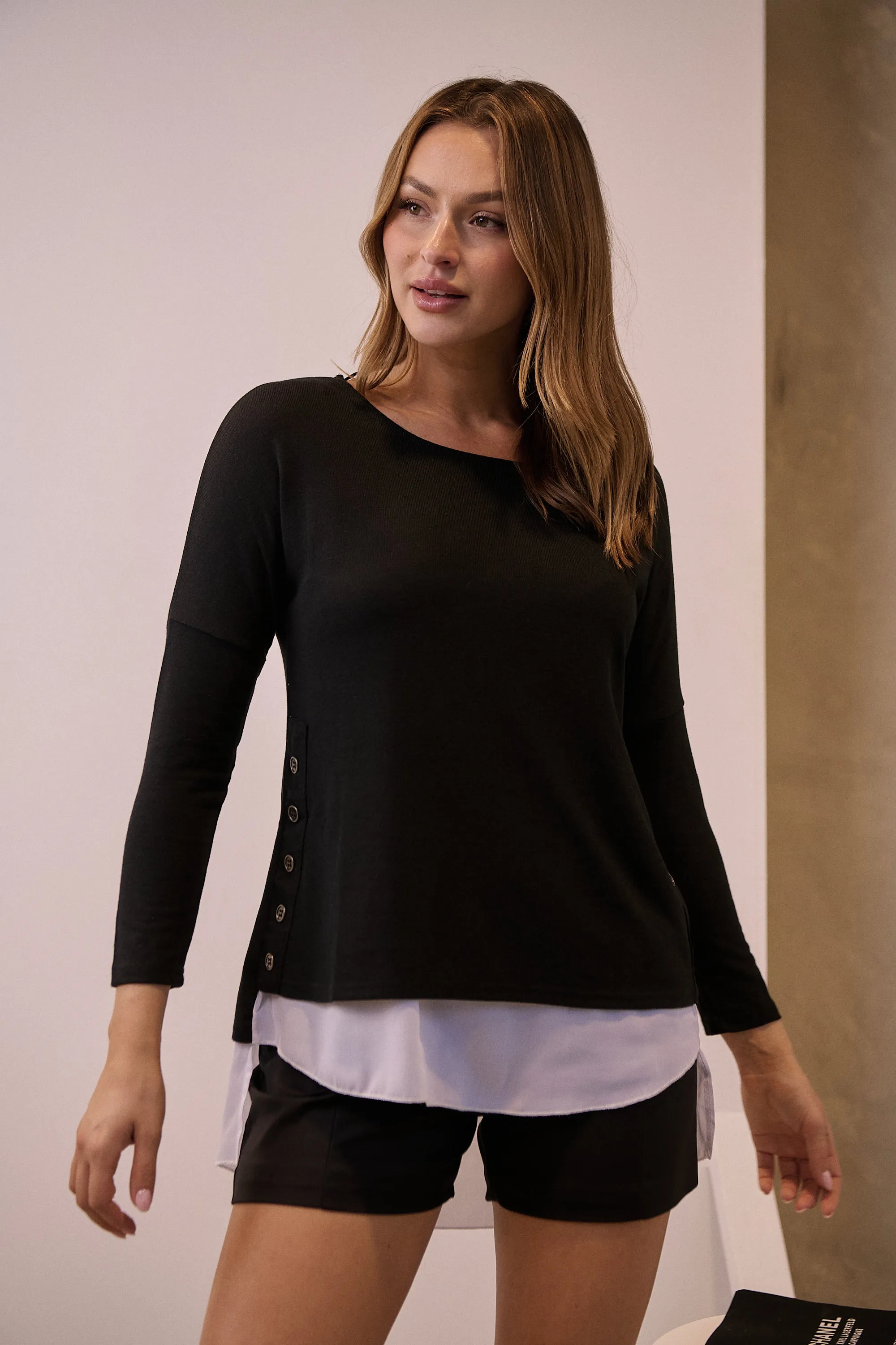 Bronte Long Sleeve Black/White Layered Top