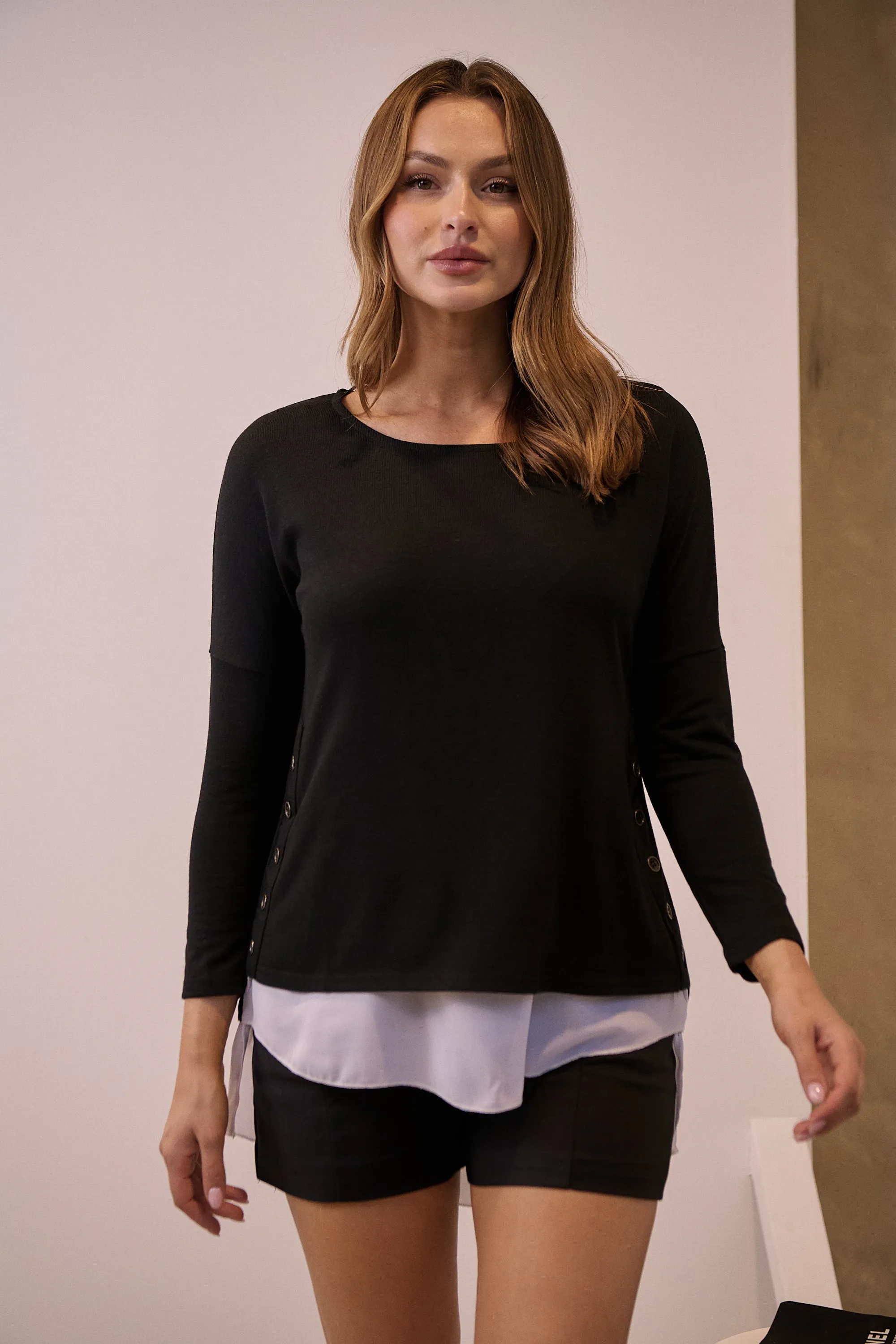 Bronte Long Sleeve Black/White Layered Top