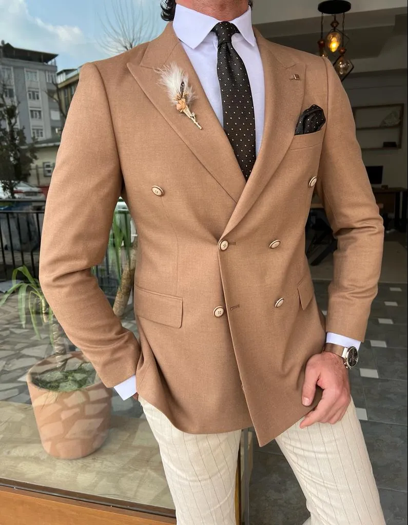 Brown Slim Fit Double Breasted Blazer for Men by GentWith.com