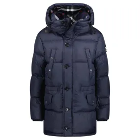 BURBERRY LOCKWOOD HOODED CHECK DOWN JACKET NAVY BLUE