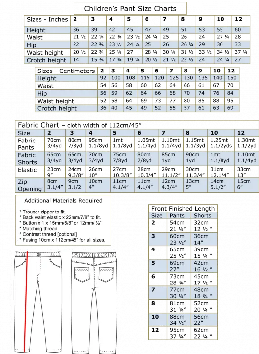 Casual trouser sewing pattern for boys & girls Slim Fit Pants & Shorts sizes 2-12 years.