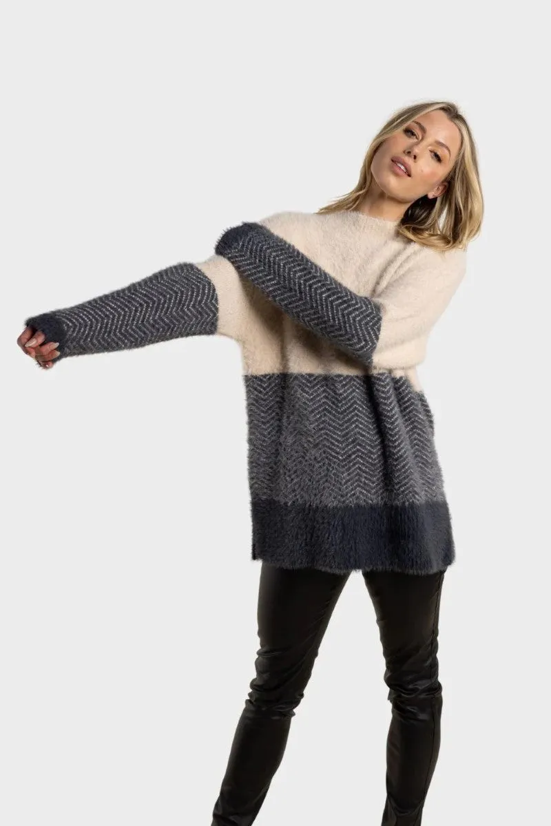 Chevron Splice Fluffy Sweater in Natural-Charcoal 2714 by Two-T's