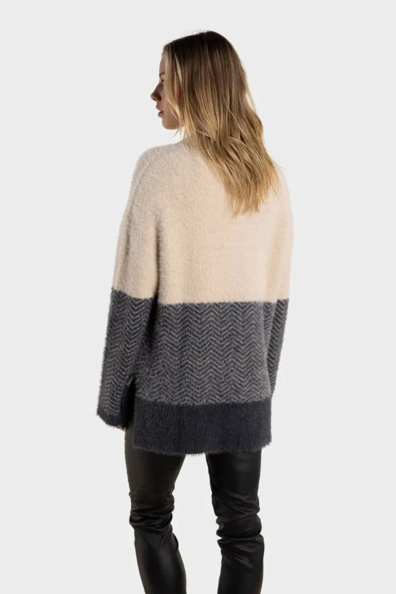 Chevron Splice Fluffy Sweater in Natural-Charcoal 2714 by Two-T's