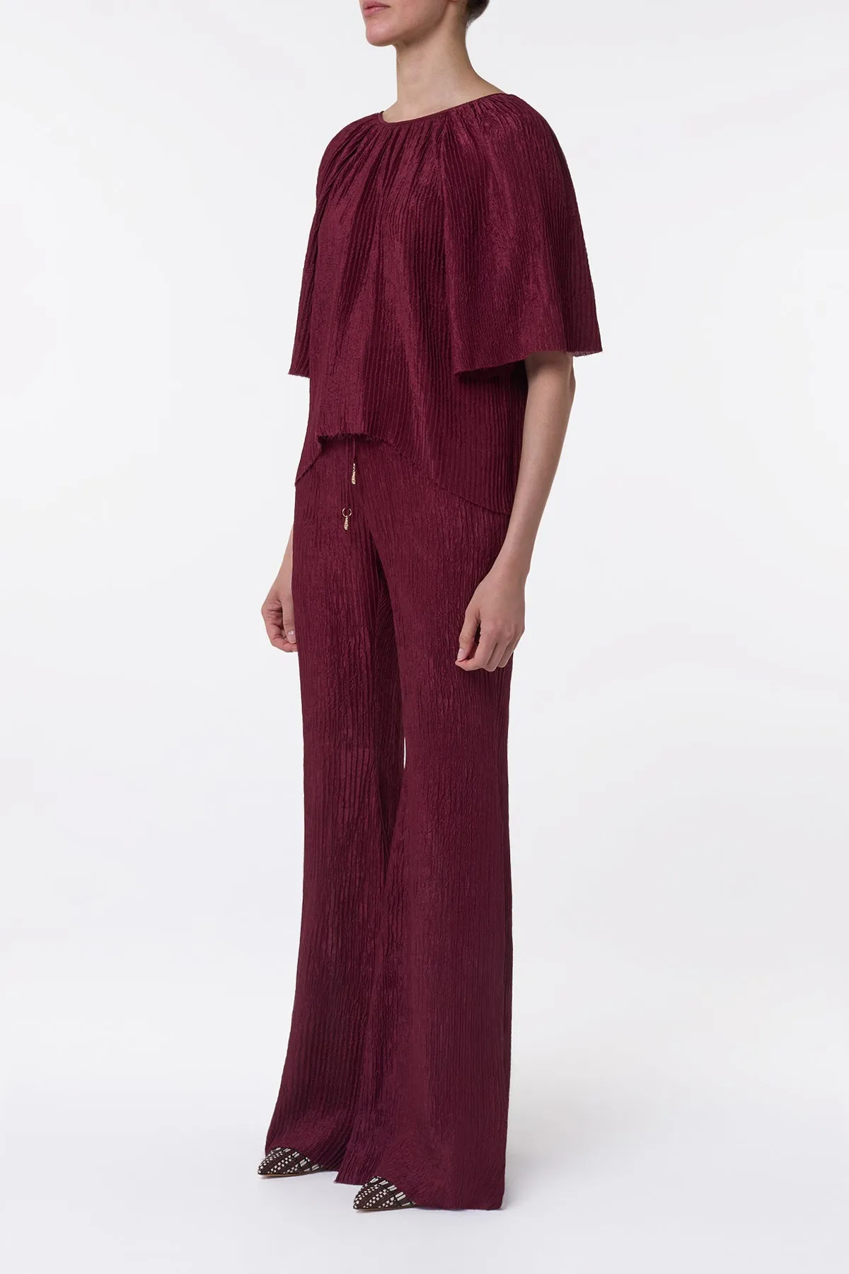 Claude Flare Pant in Bordeaux Plisse Silk