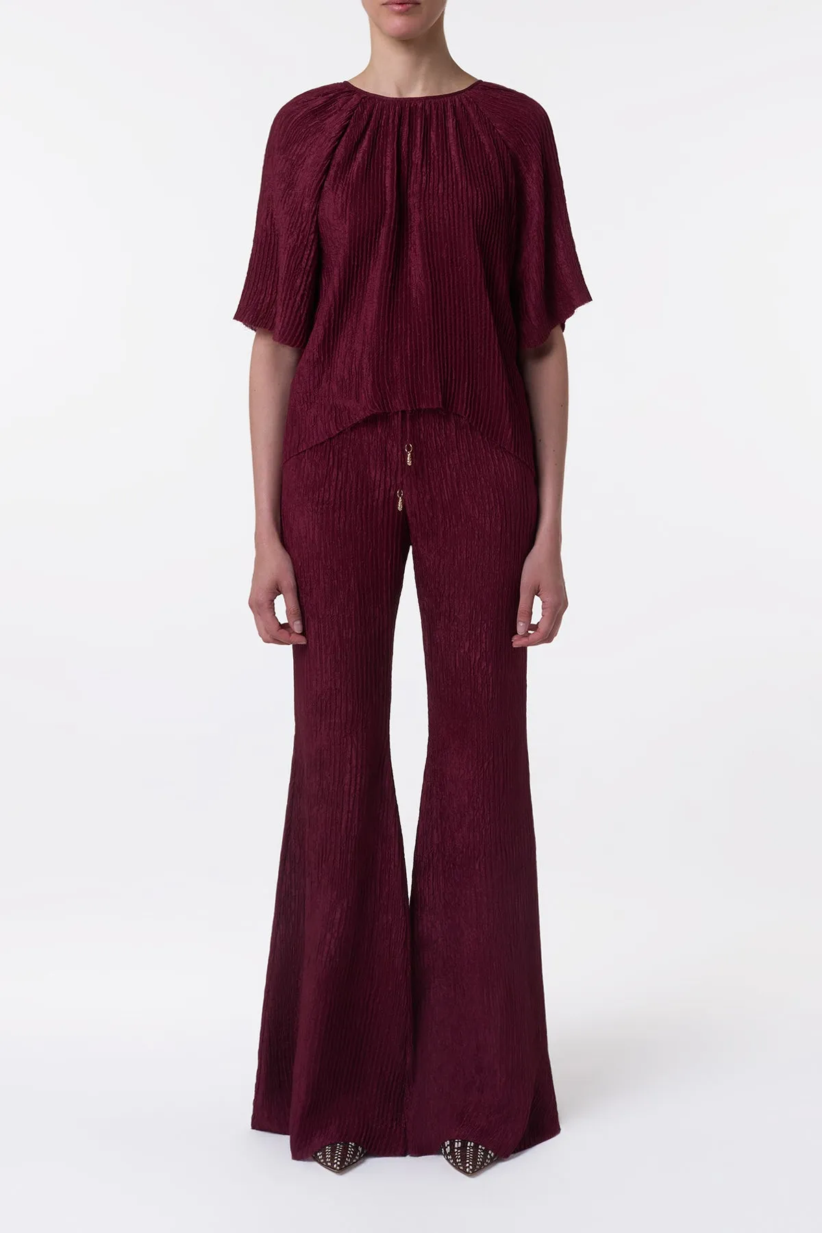 Claude Flare Pant in Bordeaux Plisse Silk