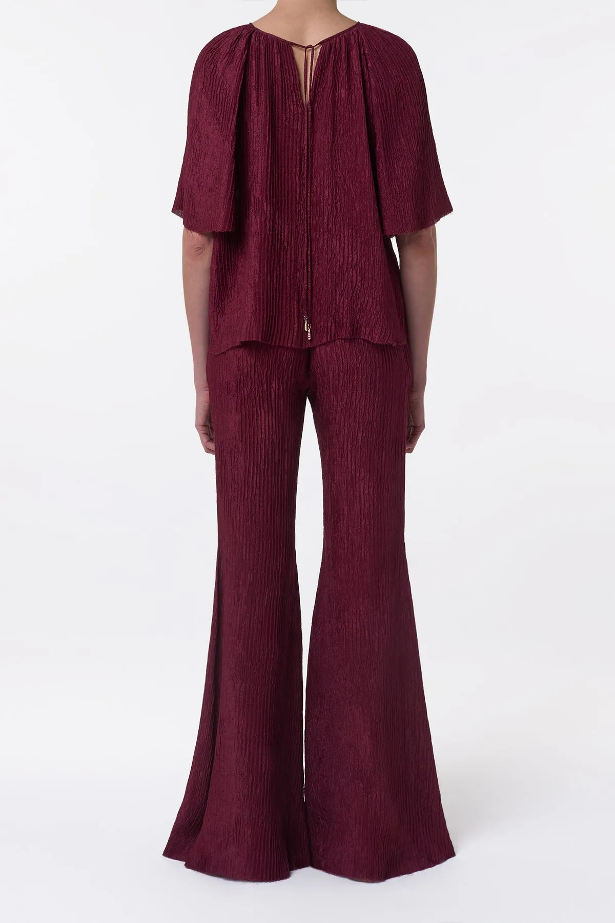 Claude Flare Pant in Bordeaux Plisse Silk