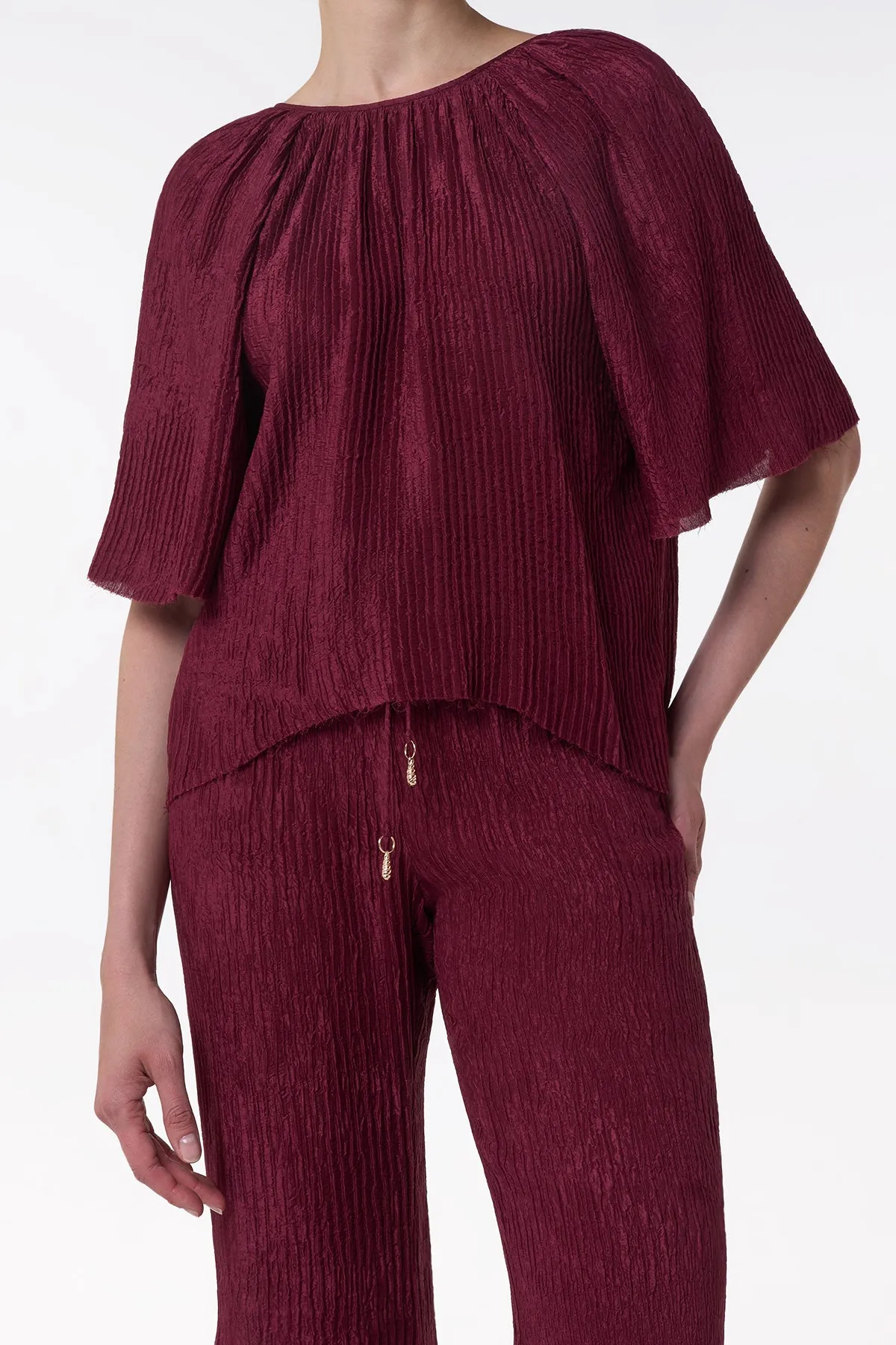 Claude Flare Pant in Bordeaux Plisse Silk