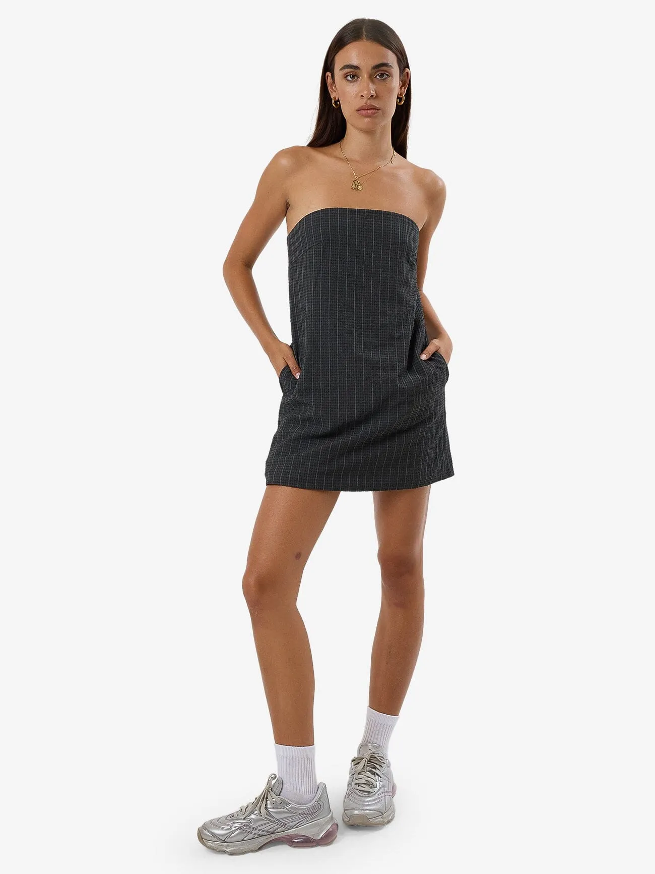 Colby Strapless Dress - Charcoal Pinstripe