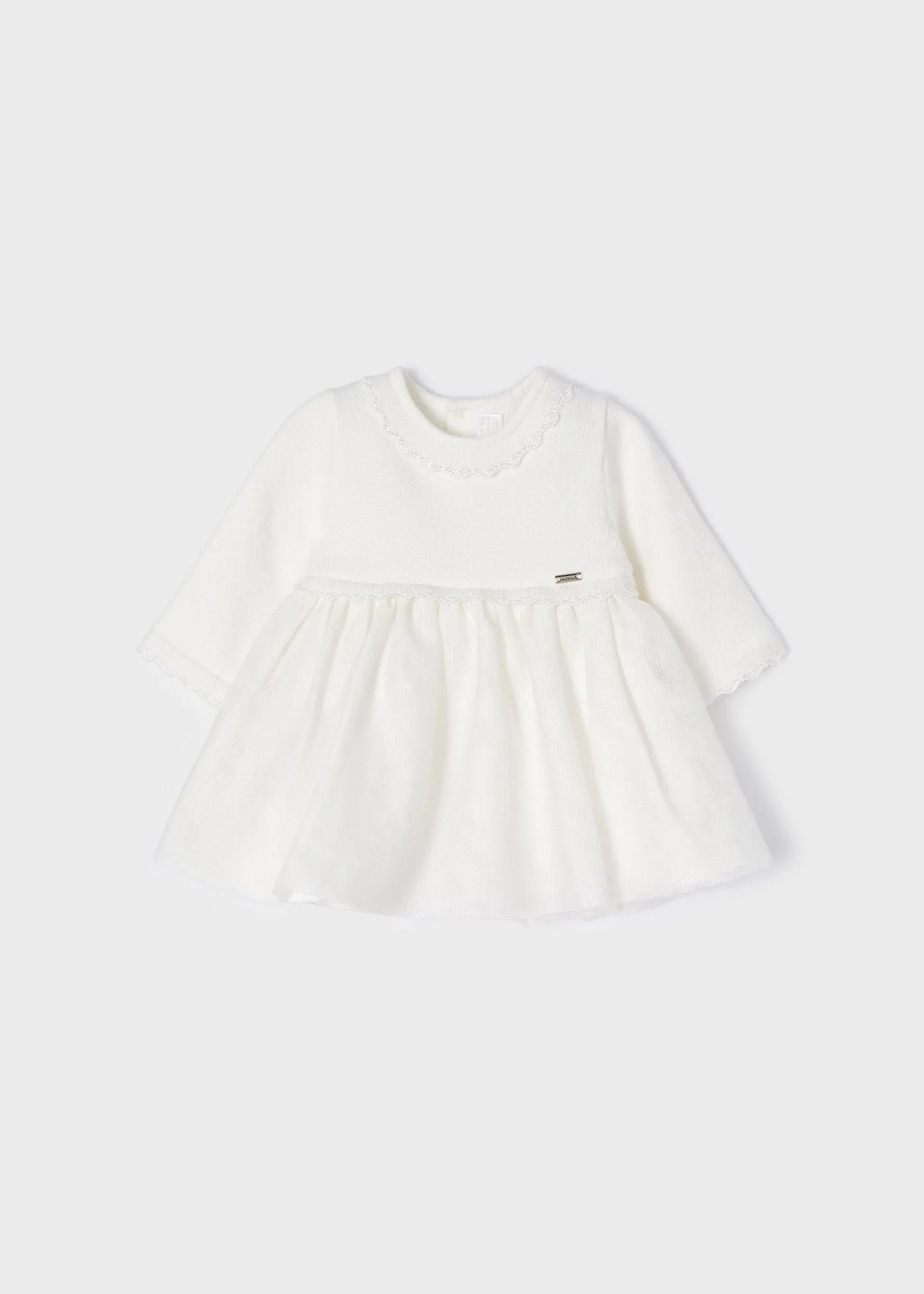 Combined Knit & Sparkle Tulle Formal Baby Girls Dress - Off White | Mayoral