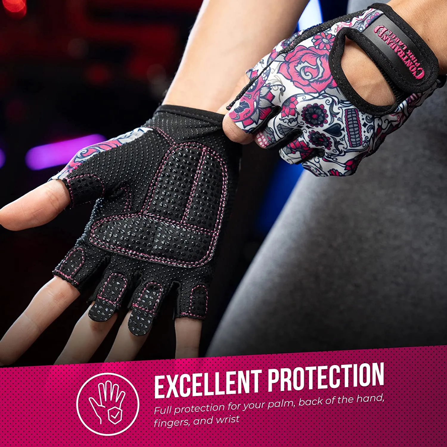 Contraband Pink Label 5237 Womens Design Series Sugar Skull Lifting Gloves (Pair)