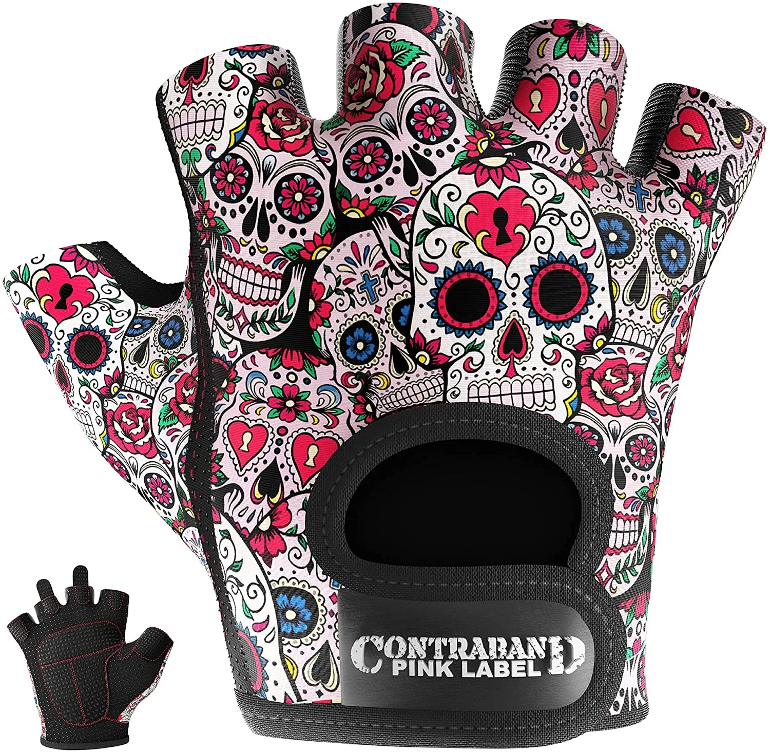 Contraband Pink Label 5237 Womens Design Series Sugar Skull Lifting Gloves (Pair)