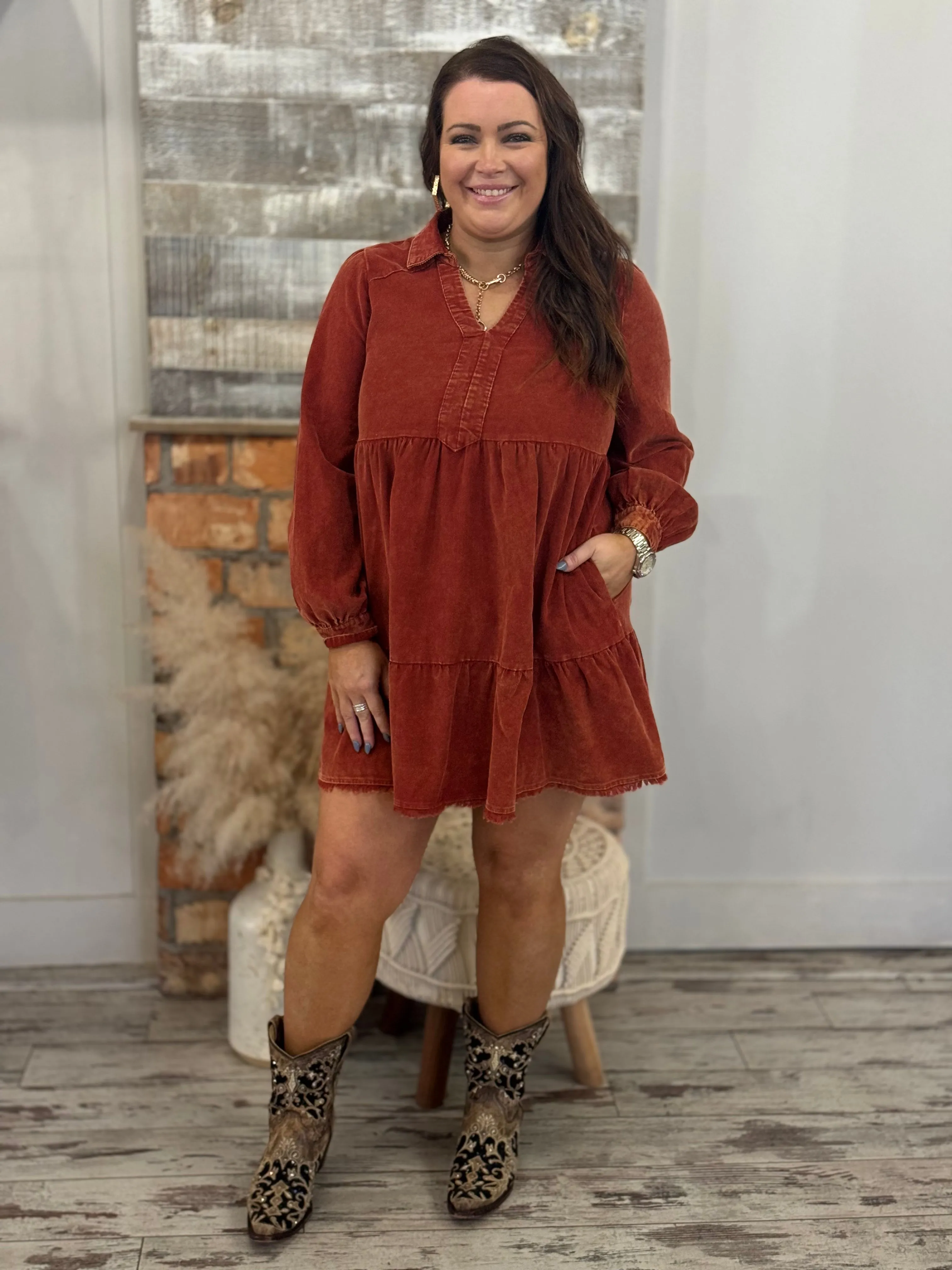 Corduroy Bubble Sleeve Dress