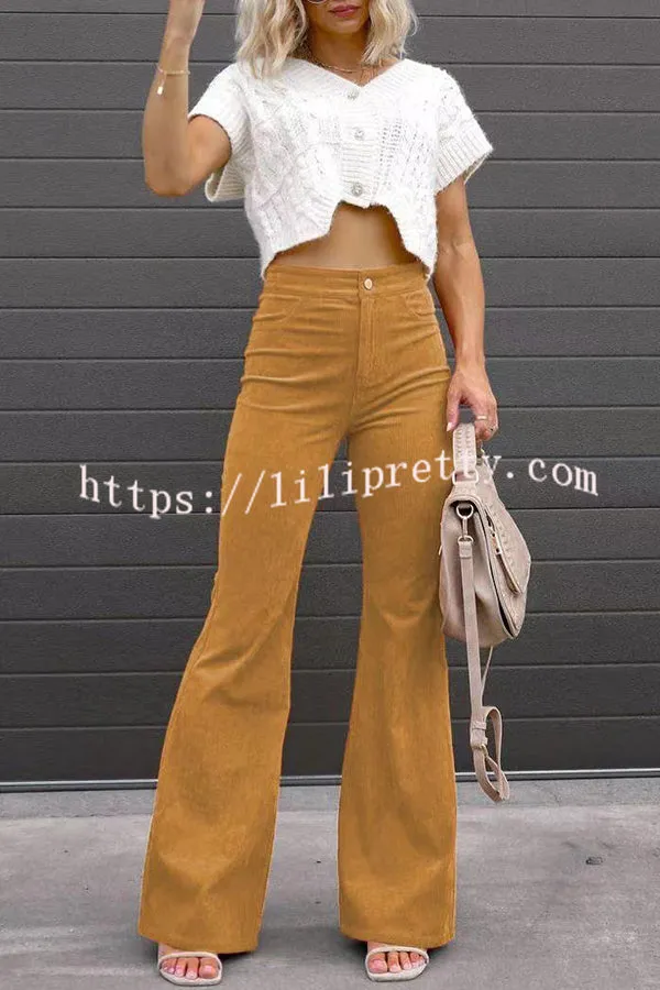 Corduroy Pockets Elastic Waist Button Wide Leg Pants