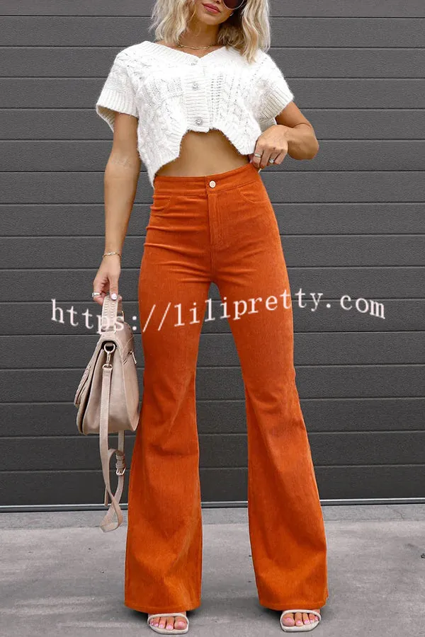 Corduroy Pockets Elastic Waist Button Wide Leg Pants