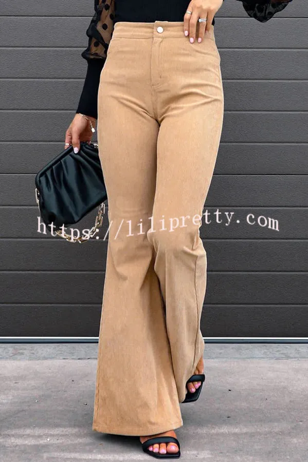 Corduroy Pockets Elastic Waist Button Wide Leg Pants