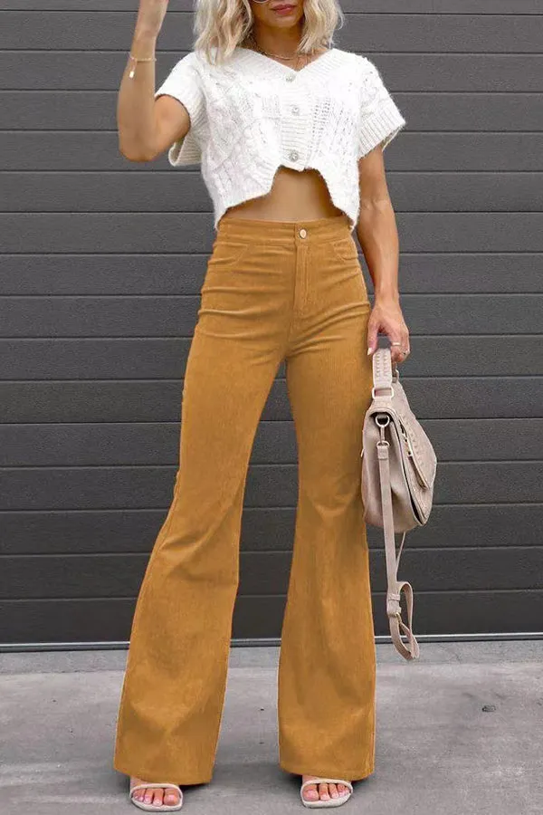 Corduroy Pockets Elastic Waist Button Wide Leg Pants