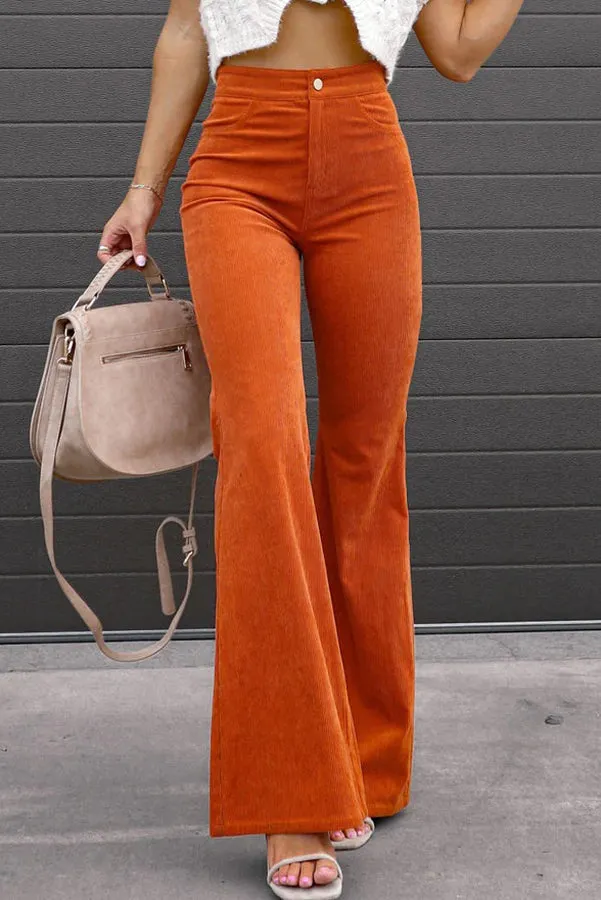 Corduroy Pockets Elastic Waist Button Wide Leg Pants